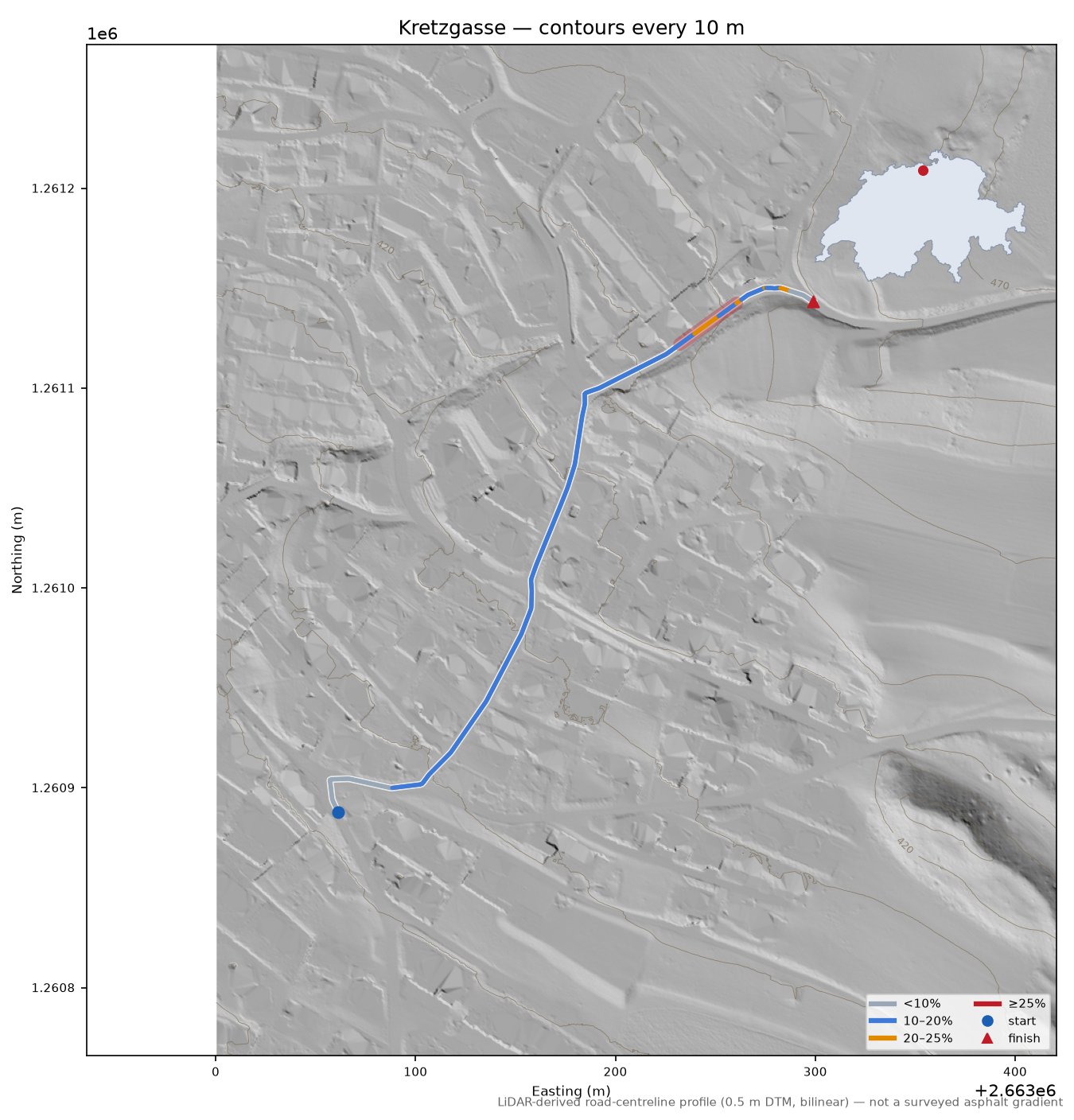 Kretzgasse LiDAR hillshade map with contours