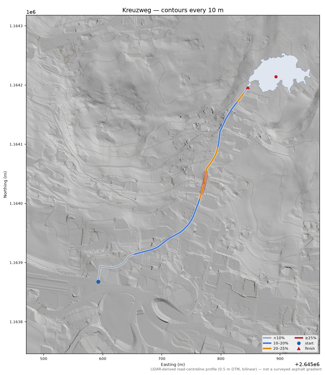 Kreuzweg LiDAR hillshade map with contours