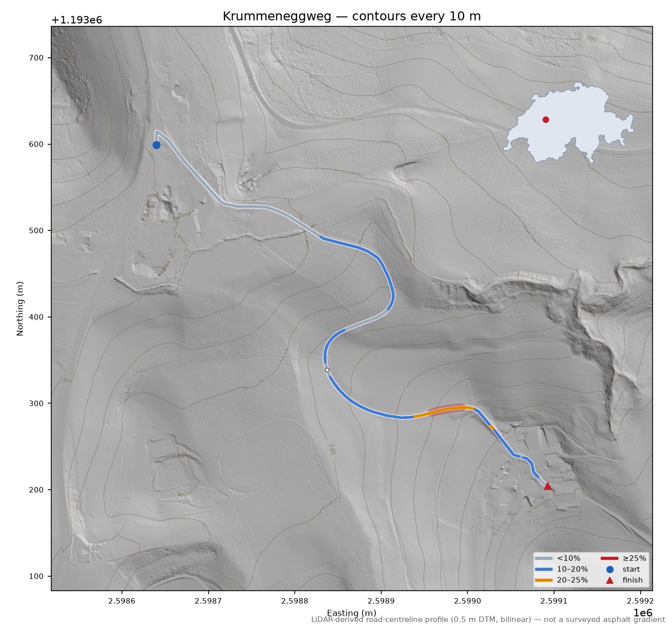 Krummeneggweg LiDAR hillshade map with contours