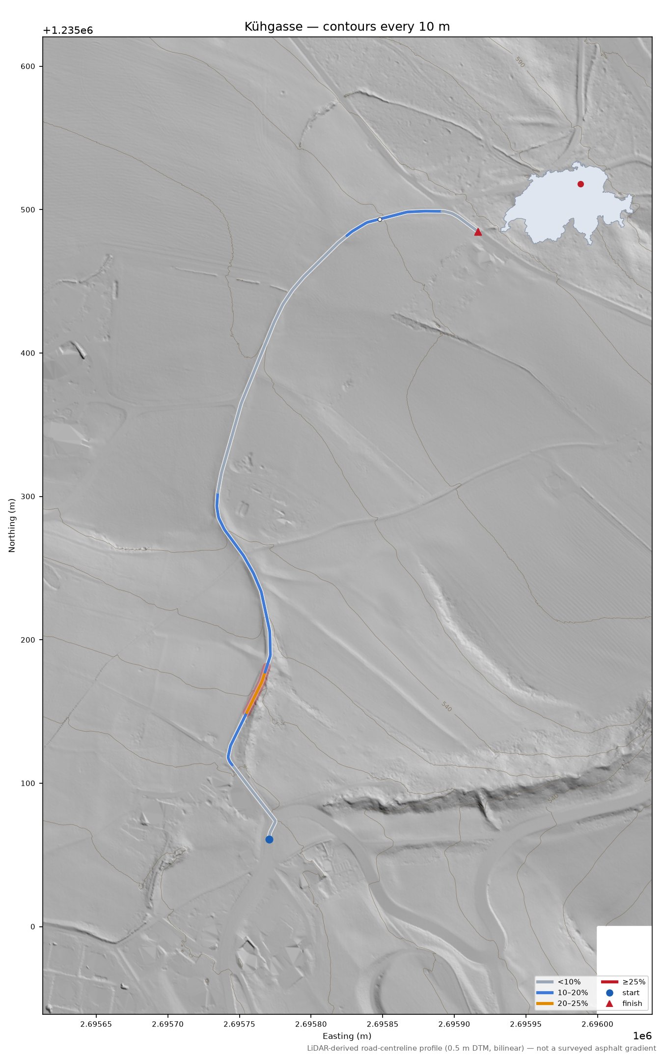 Kühgasse LiDAR hillshade map with contours