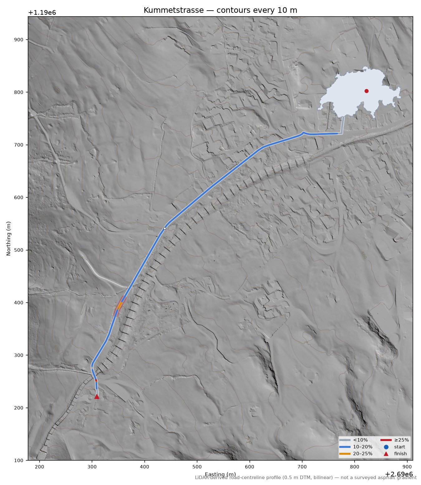 Kummetstrasse LiDAR hillshade map with contours