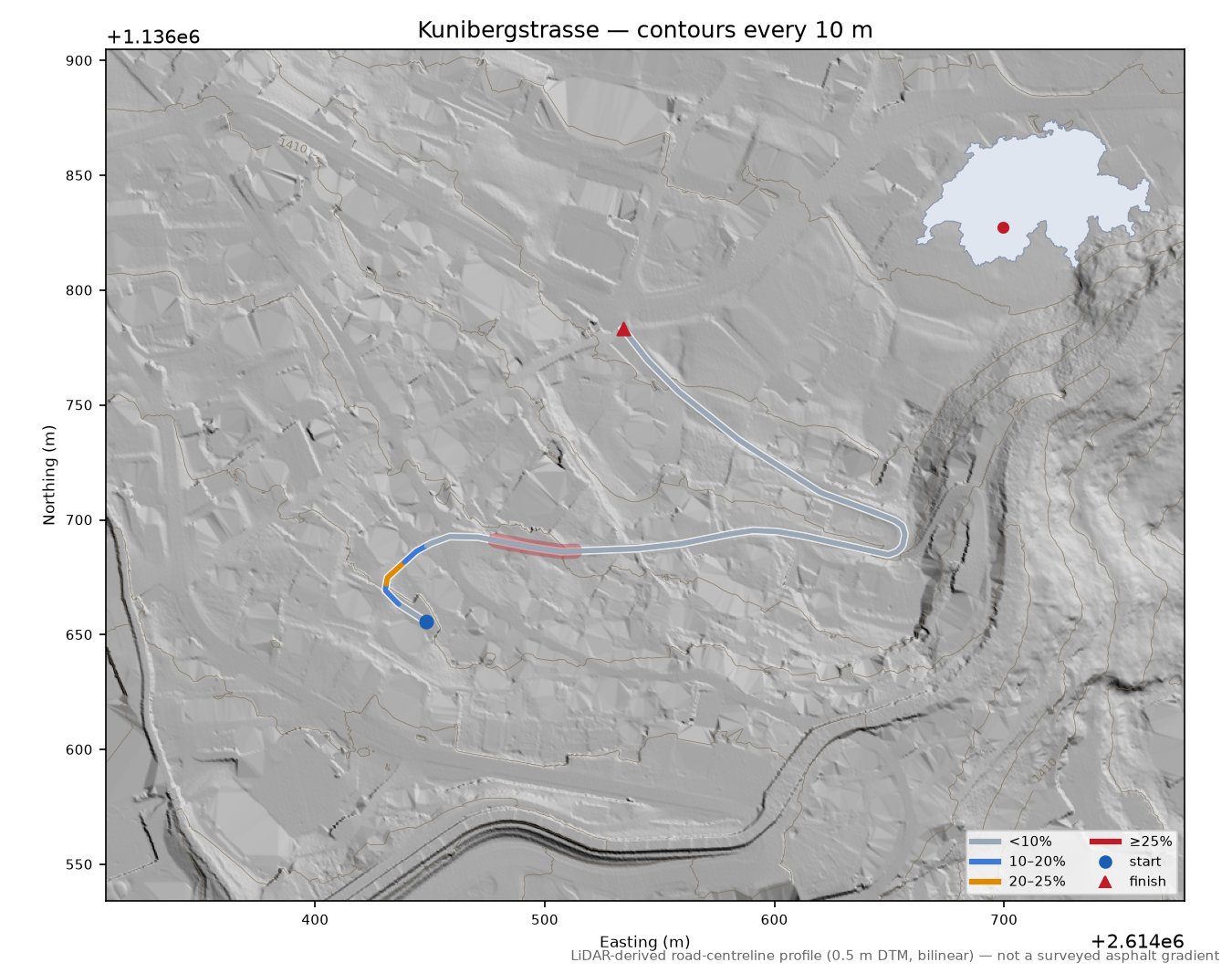 Kunibergstrasse LiDAR hillshade map with contours
