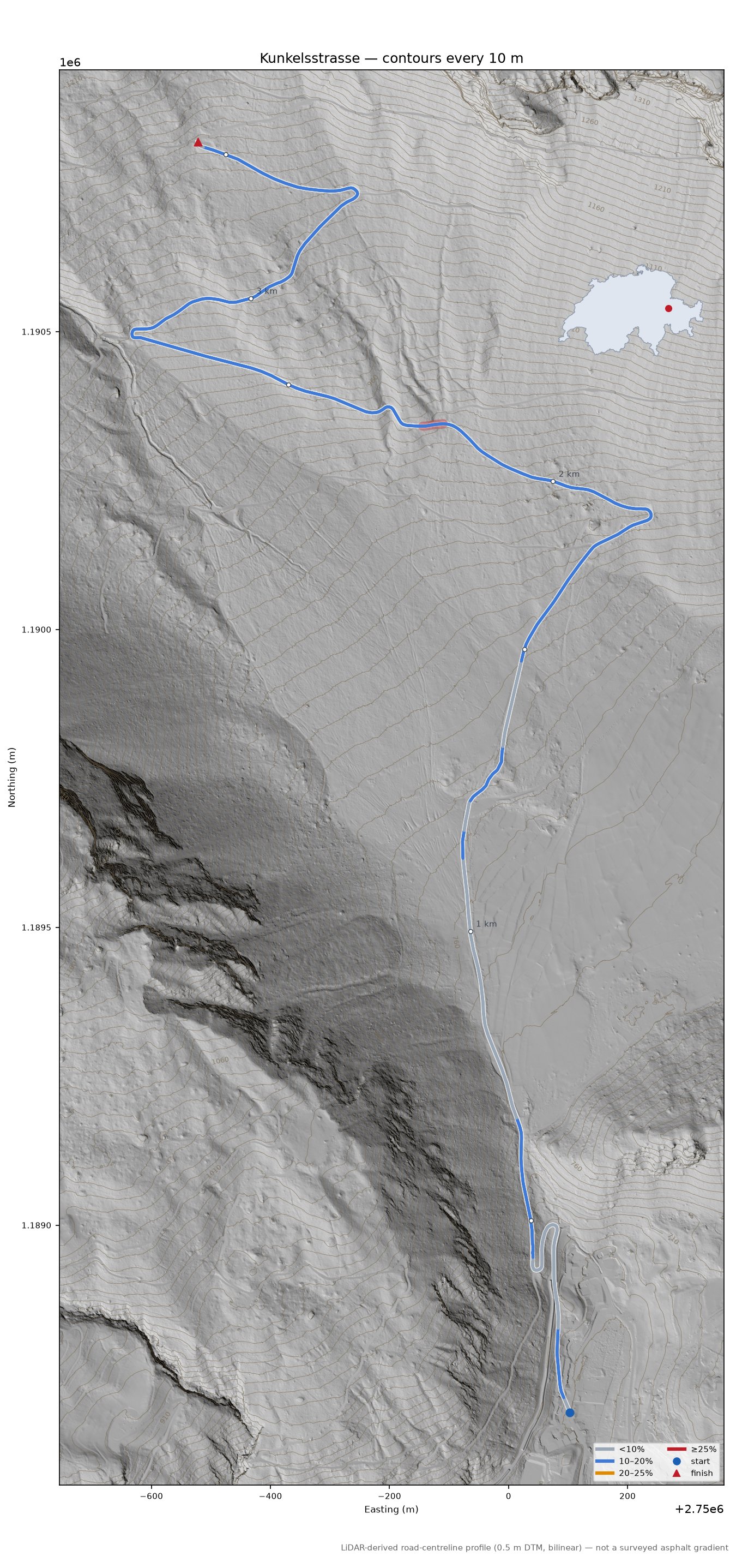 Kunkelsstrasse LiDAR hillshade map with contours