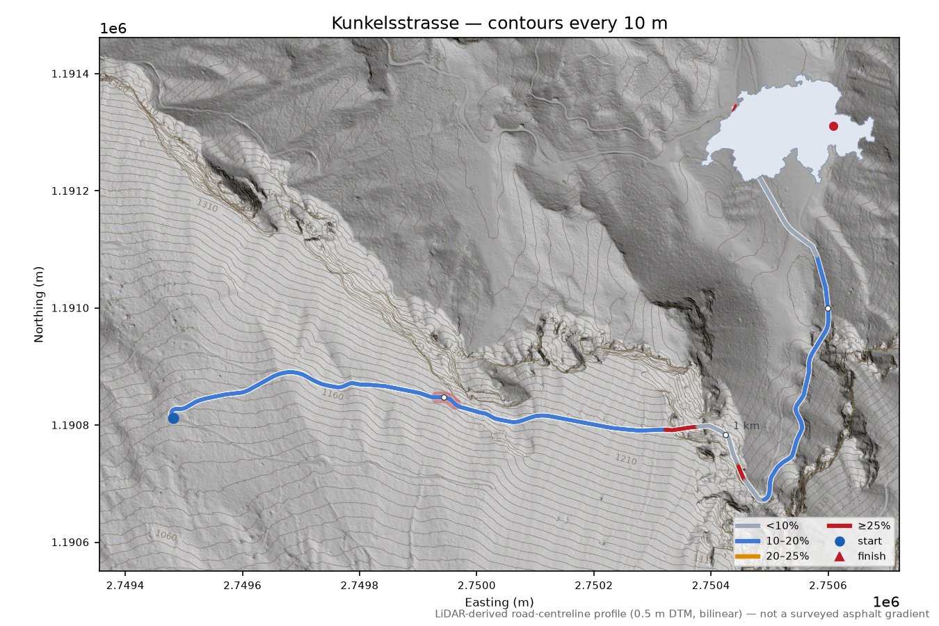 Kunkelsstrasse LiDAR hillshade map with contours