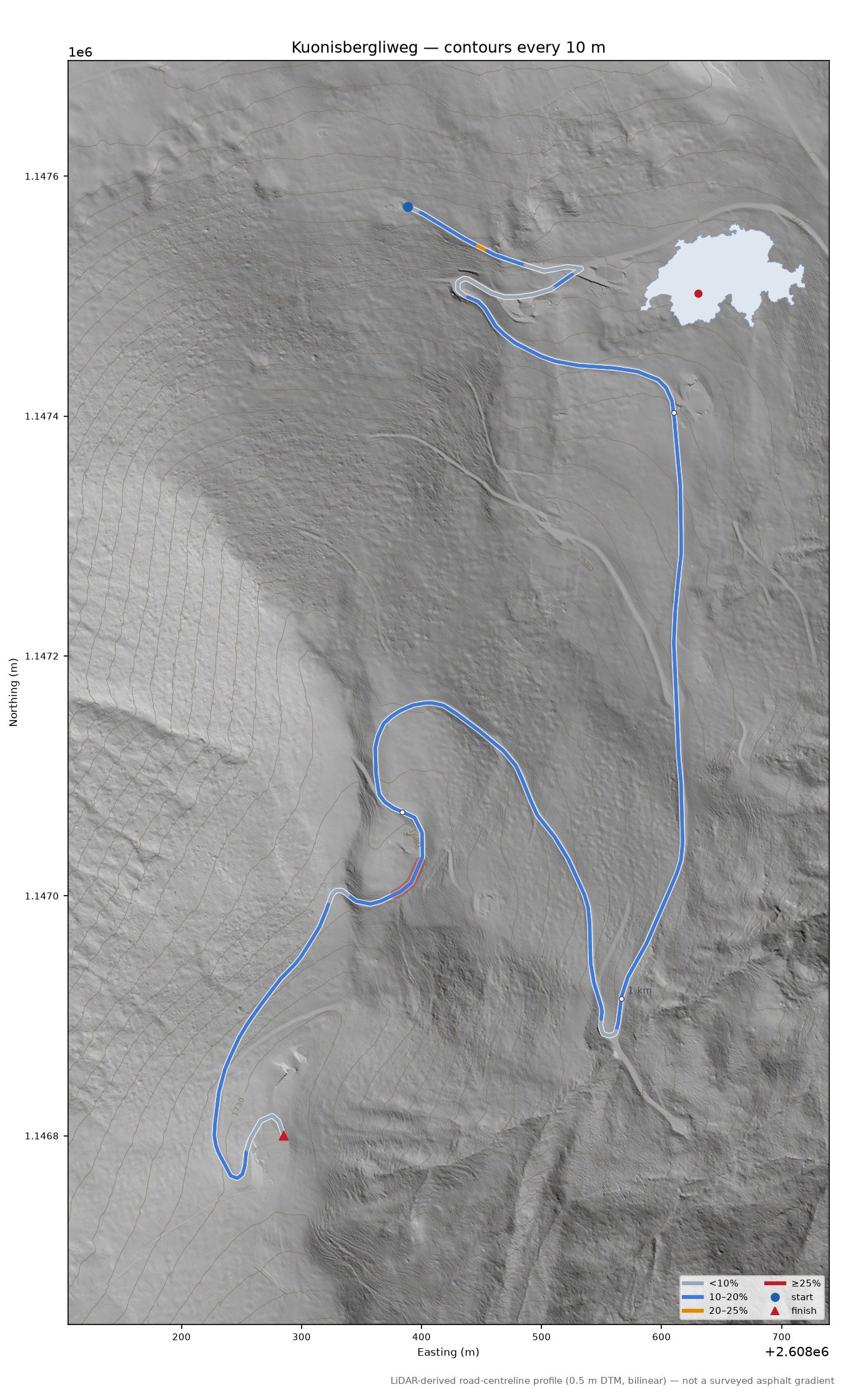 Kuonisbergliweg LiDAR hillshade map with contours