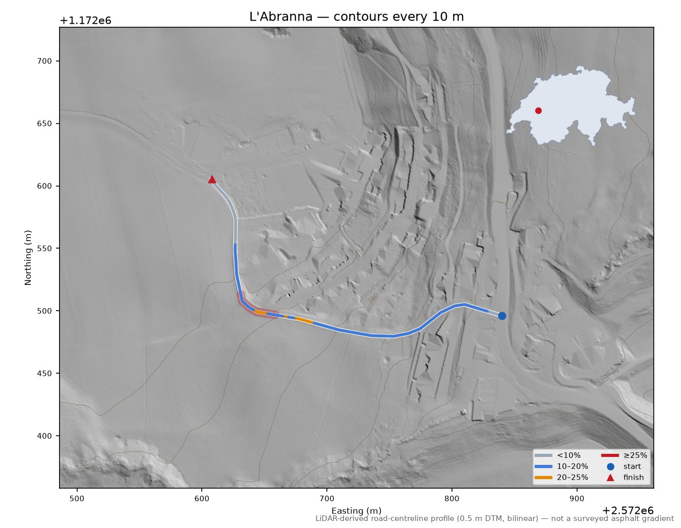 L'Abranna LiDAR hillshade map with contours