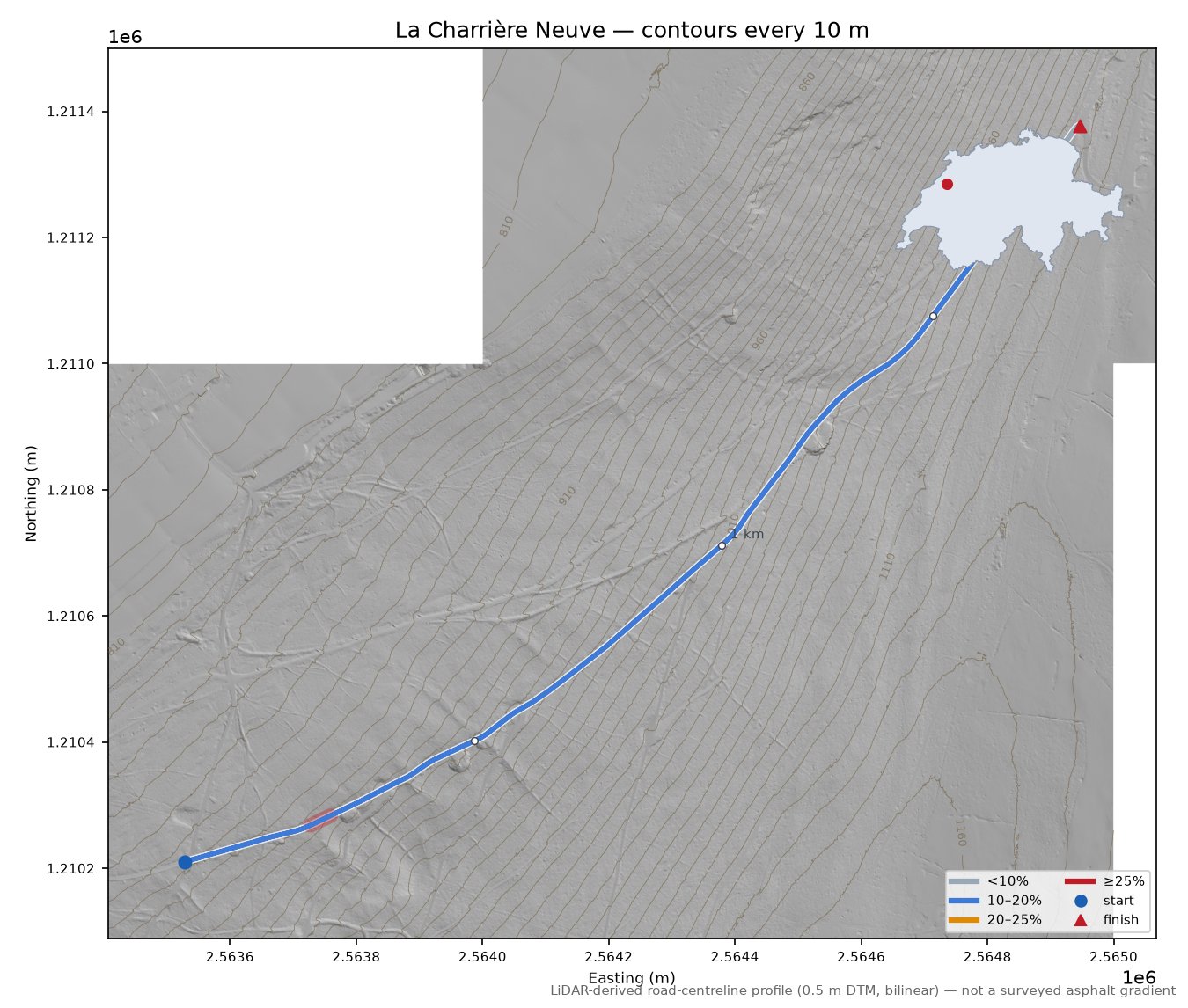 La Charrière Neuve LiDAR hillshade map with contours