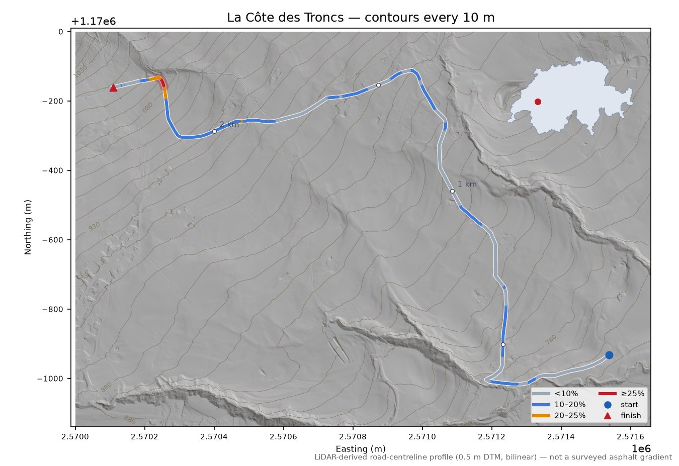 La Côte des Troncs LiDAR hillshade map with contours