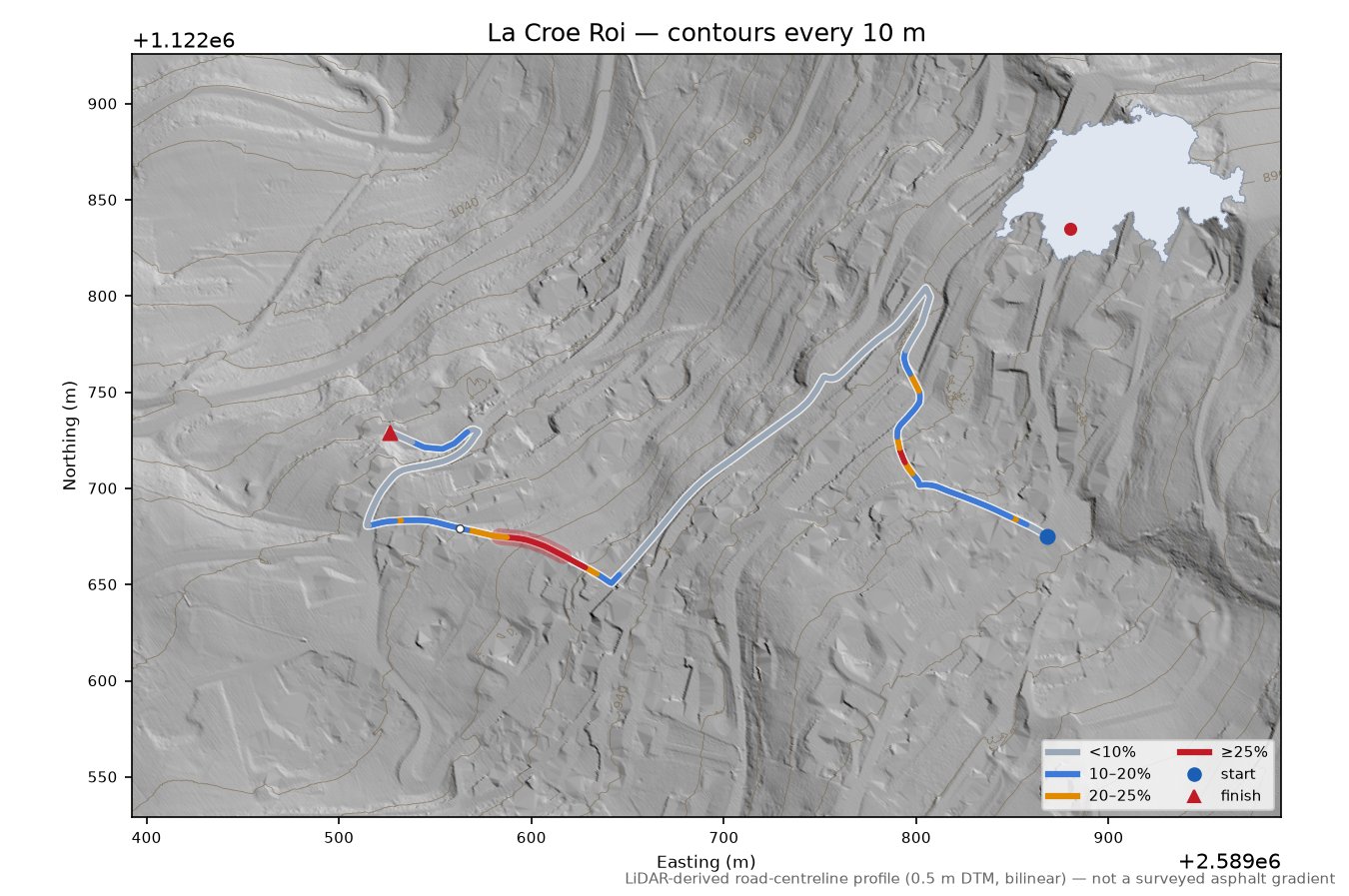 La Croe Roi LiDAR hillshade map with contours