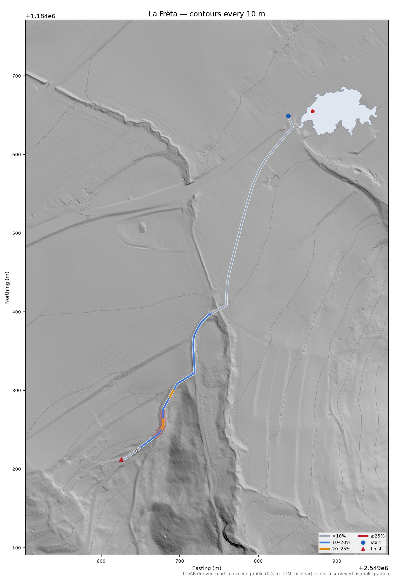 La Frèta LiDAR hillshade map with contours