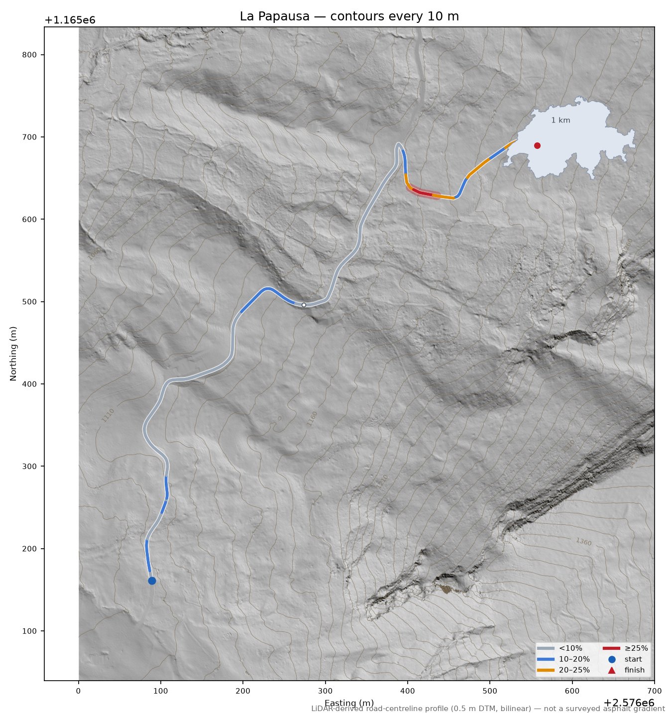 La Papausa LiDAR hillshade map with contours