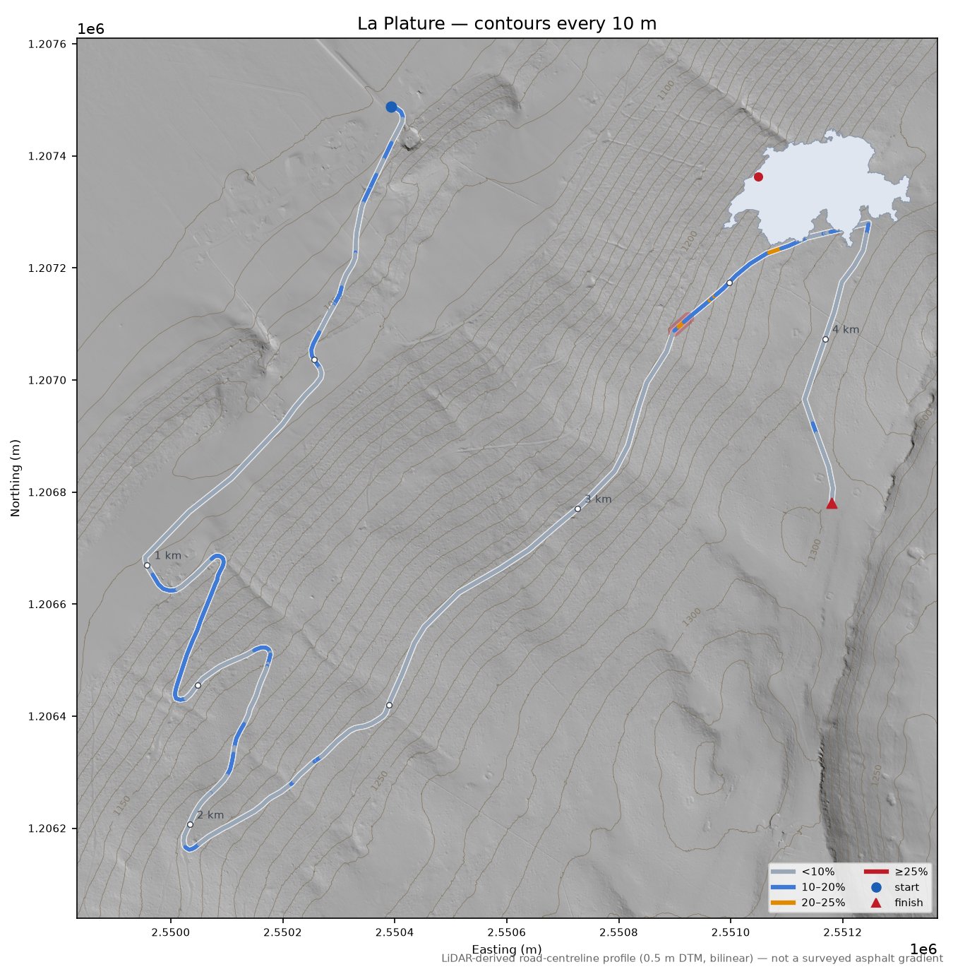 La Plature LiDAR hillshade map with contours