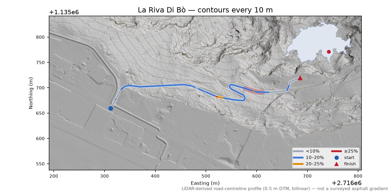 La Riva Di Bò LiDAR hillshade map with contours