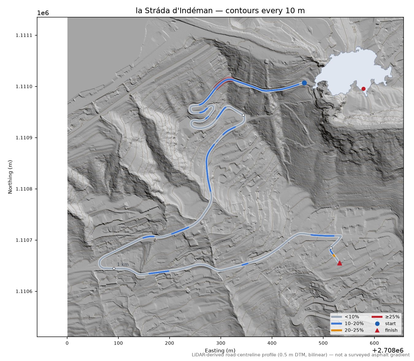 la Stráda d'Indéman LiDAR hillshade map with contours
