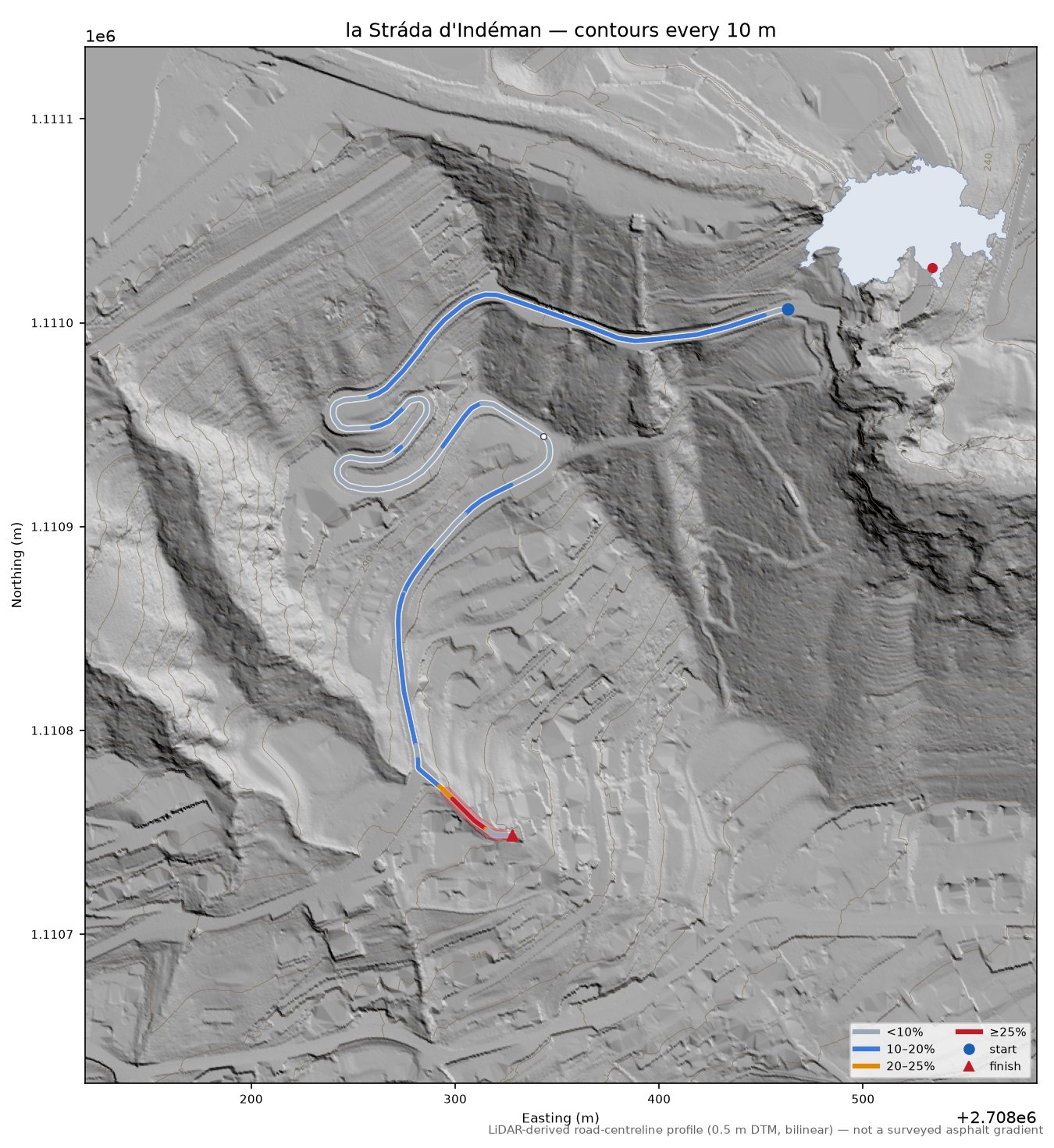 la Stráda d'Indéman LiDAR hillshade map with contours
