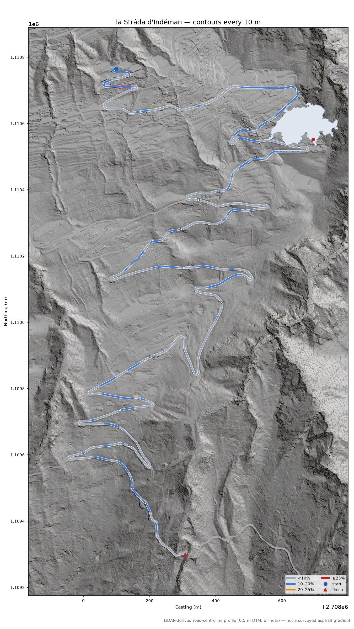 la Stráda d'Indéman LiDAR hillshade map with contours