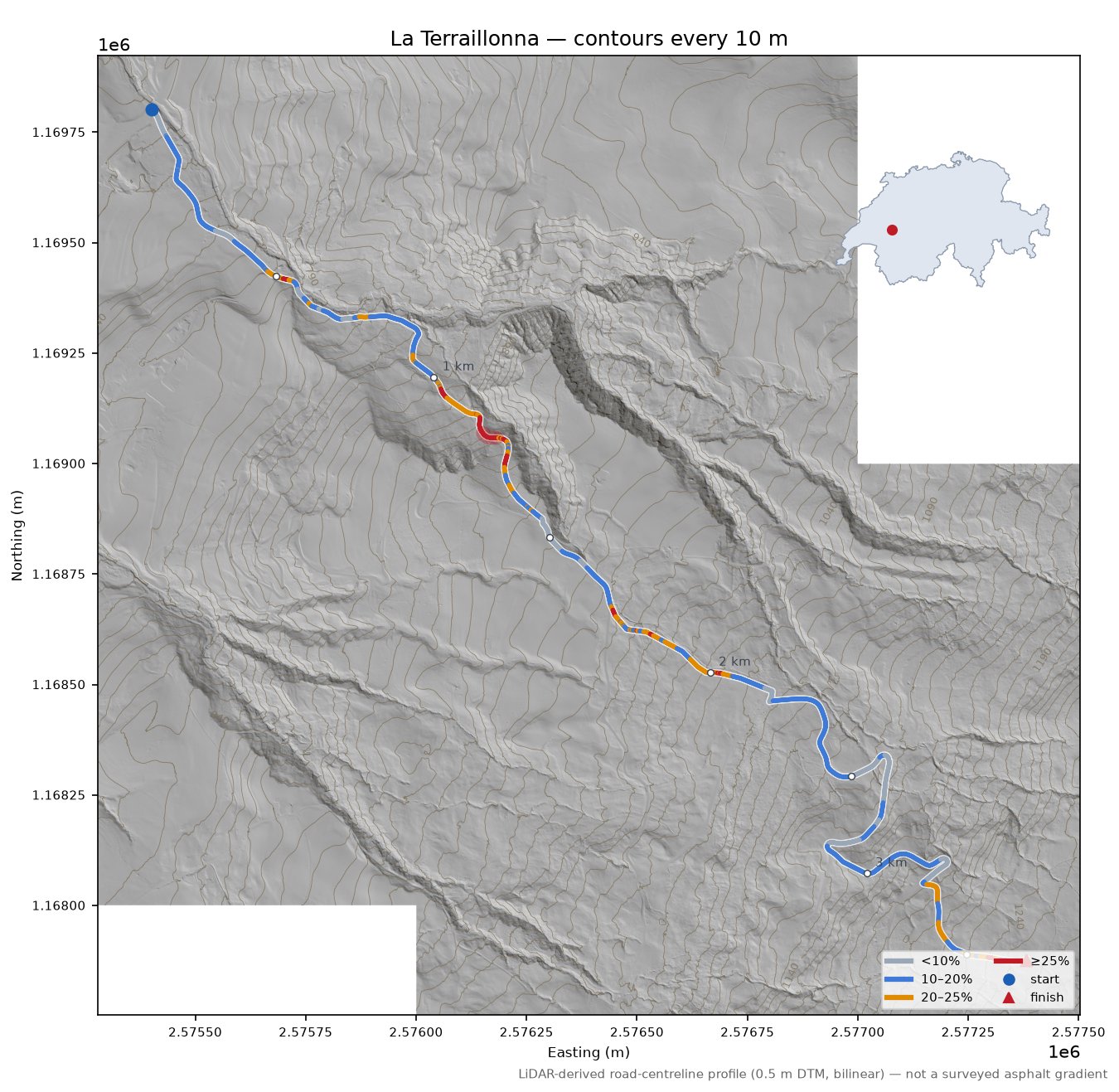 La Terraillonna LiDAR hillshade map with contours