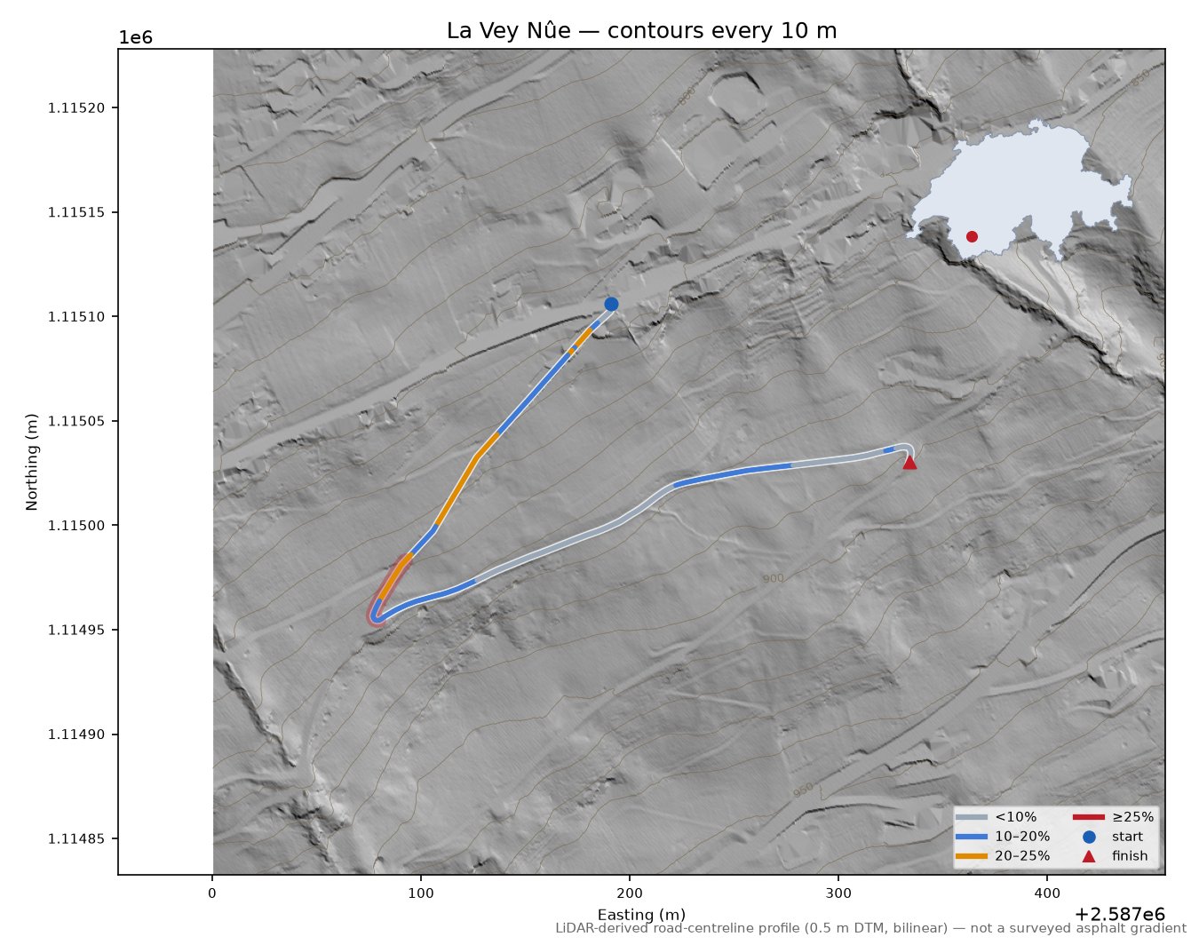 La Vey Nûe LiDAR hillshade map with contours