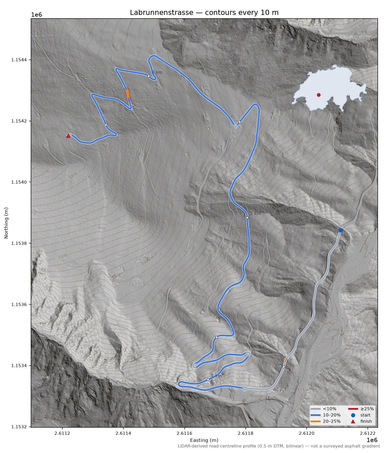 Labrunnenstrasse LiDAR hillshade map with contours