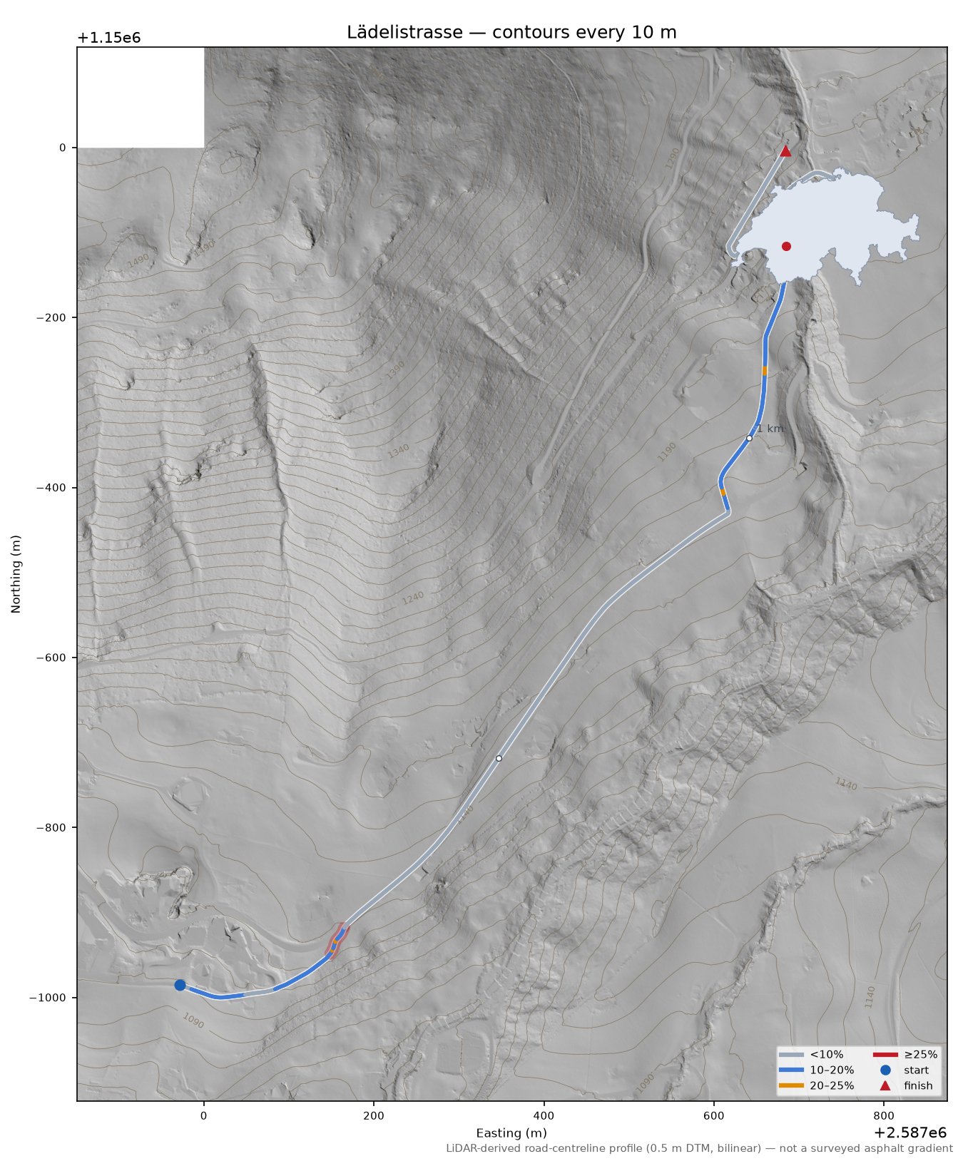 Lädelistrasse LiDAR hillshade map with contours