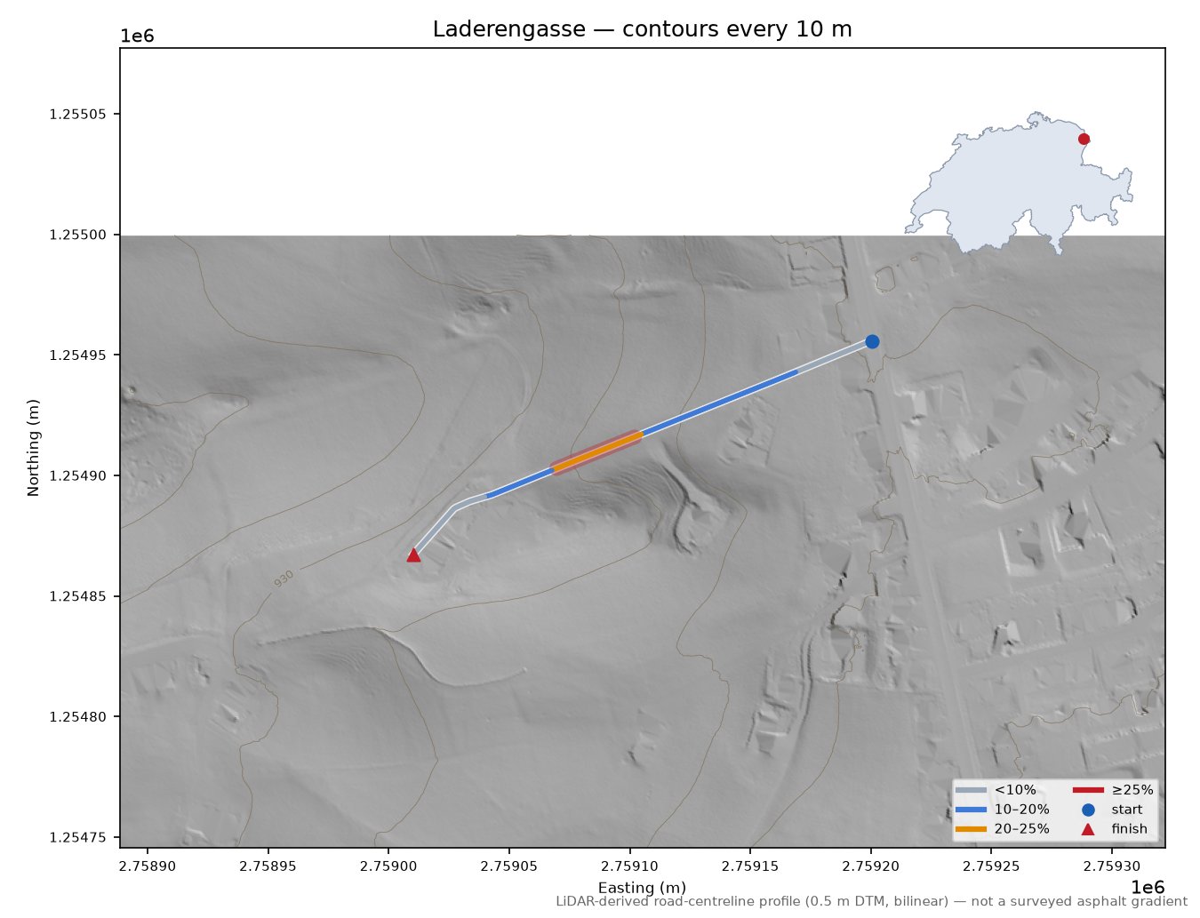 Laderengasse LiDAR hillshade map with contours