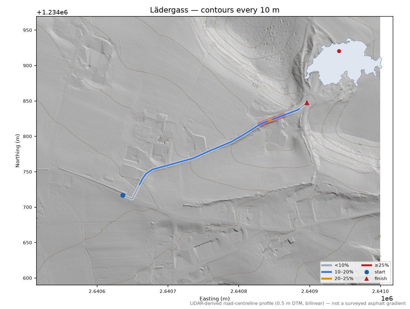 Lädergass LiDAR hillshade map with contours