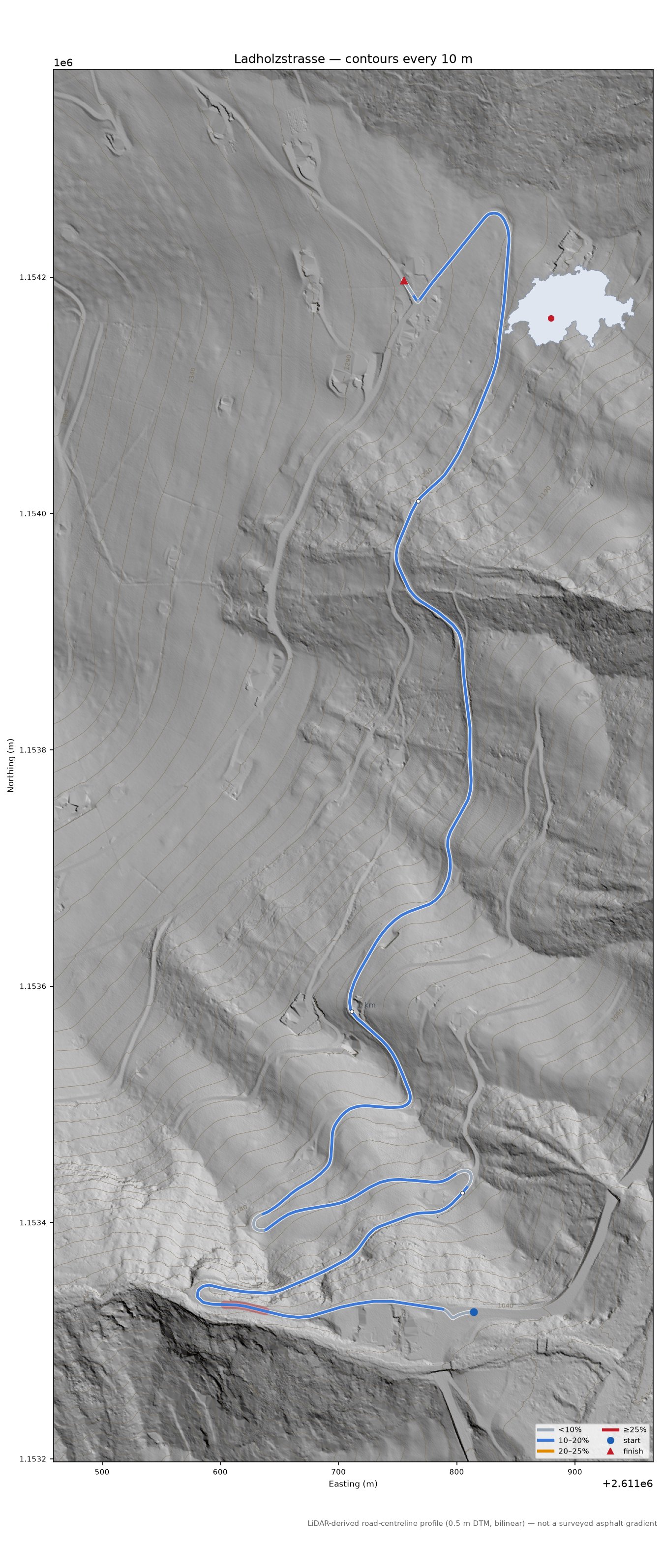 Ladholzstrasse LiDAR hillshade map with contours