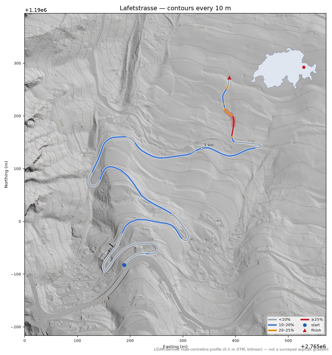 Lafetstrasse LiDAR hillshade map with contours