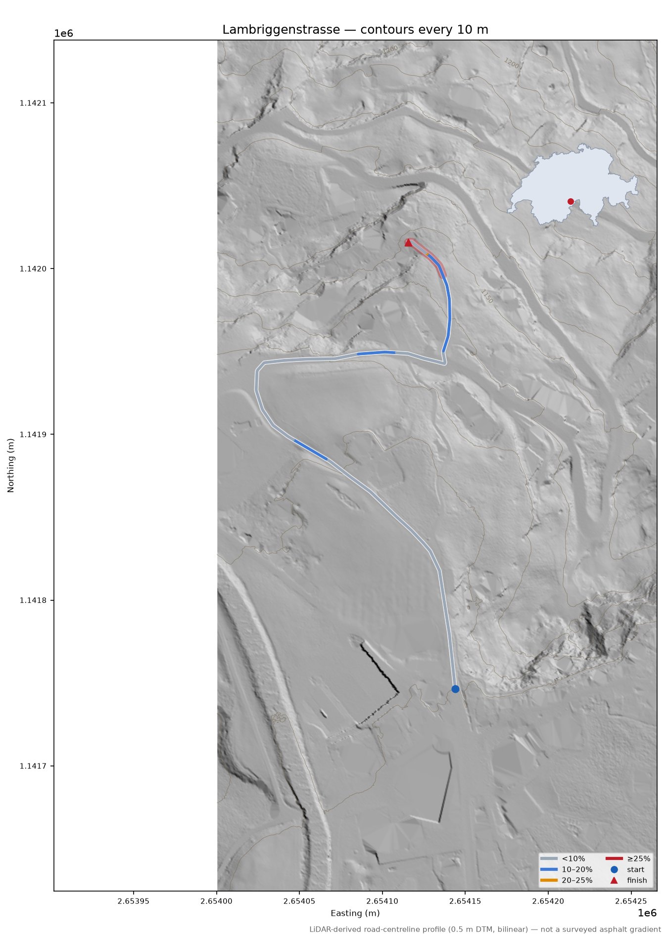 Lambriggenstrasse LiDAR hillshade map with contours