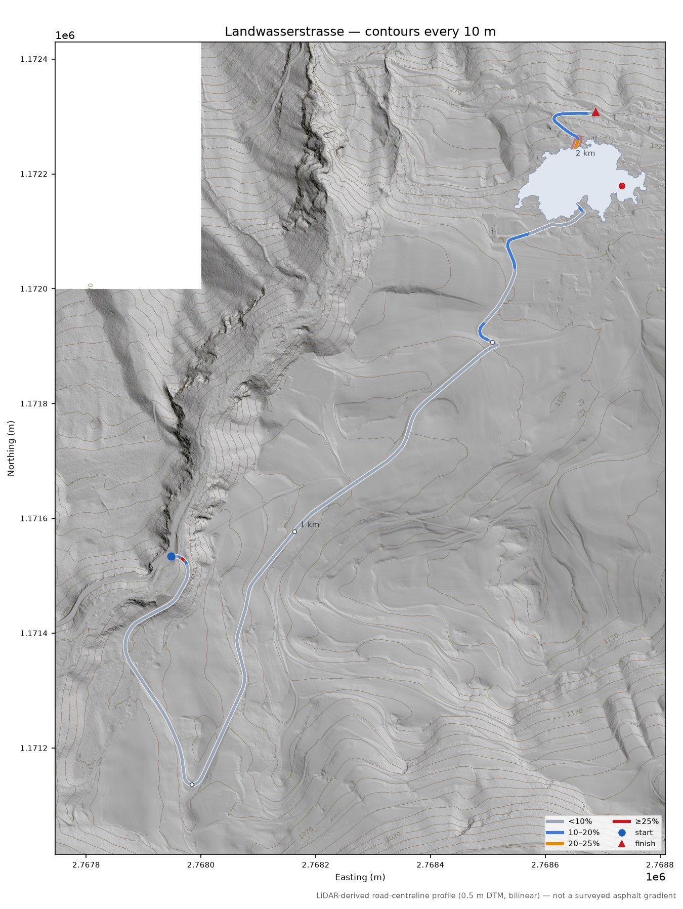 Landwasserstrasse LiDAR hillshade map with contours