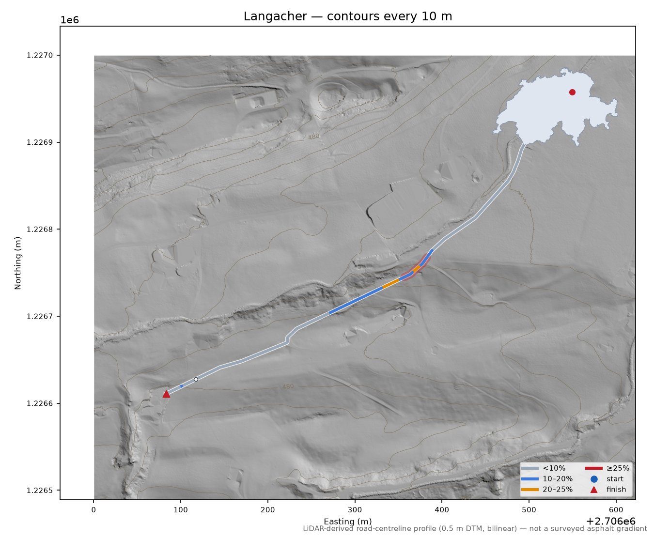 Langacher LiDAR hillshade map with contours