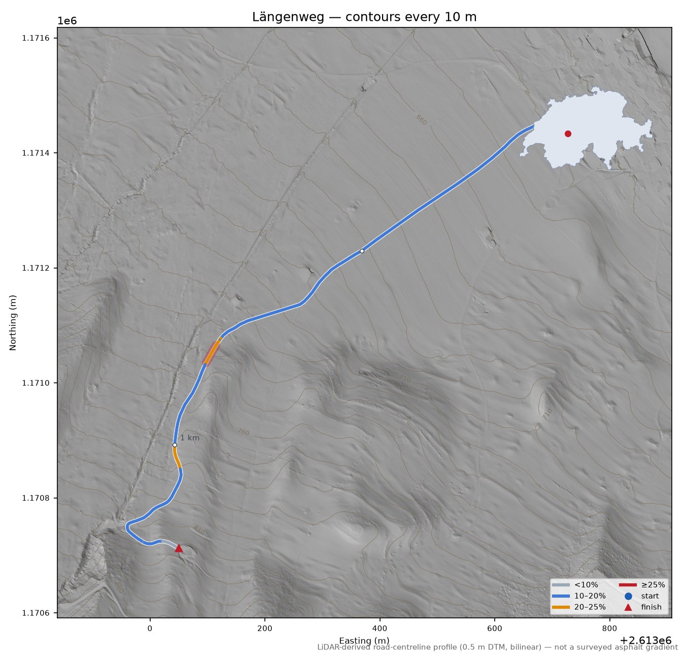 Längenweg LiDAR hillshade map with contours