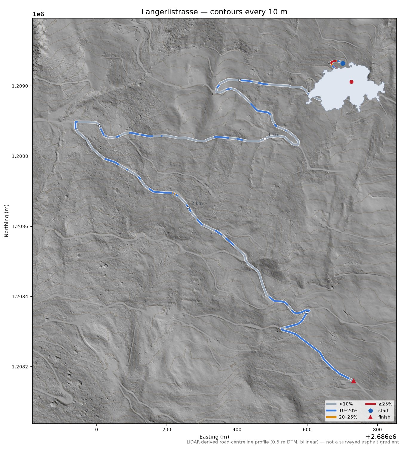 Langerlistrasse LiDAR hillshade map with contours