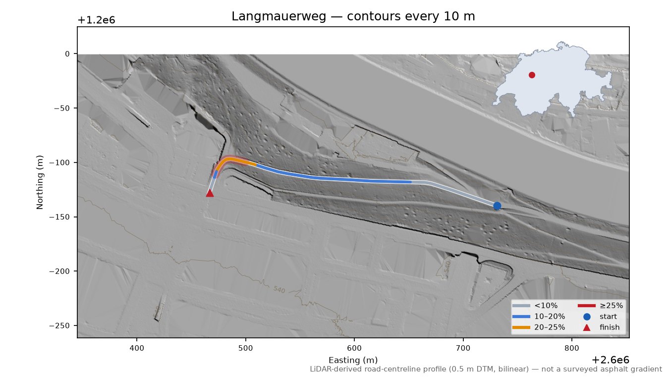 Langmauerweg LiDAR hillshade map with contours