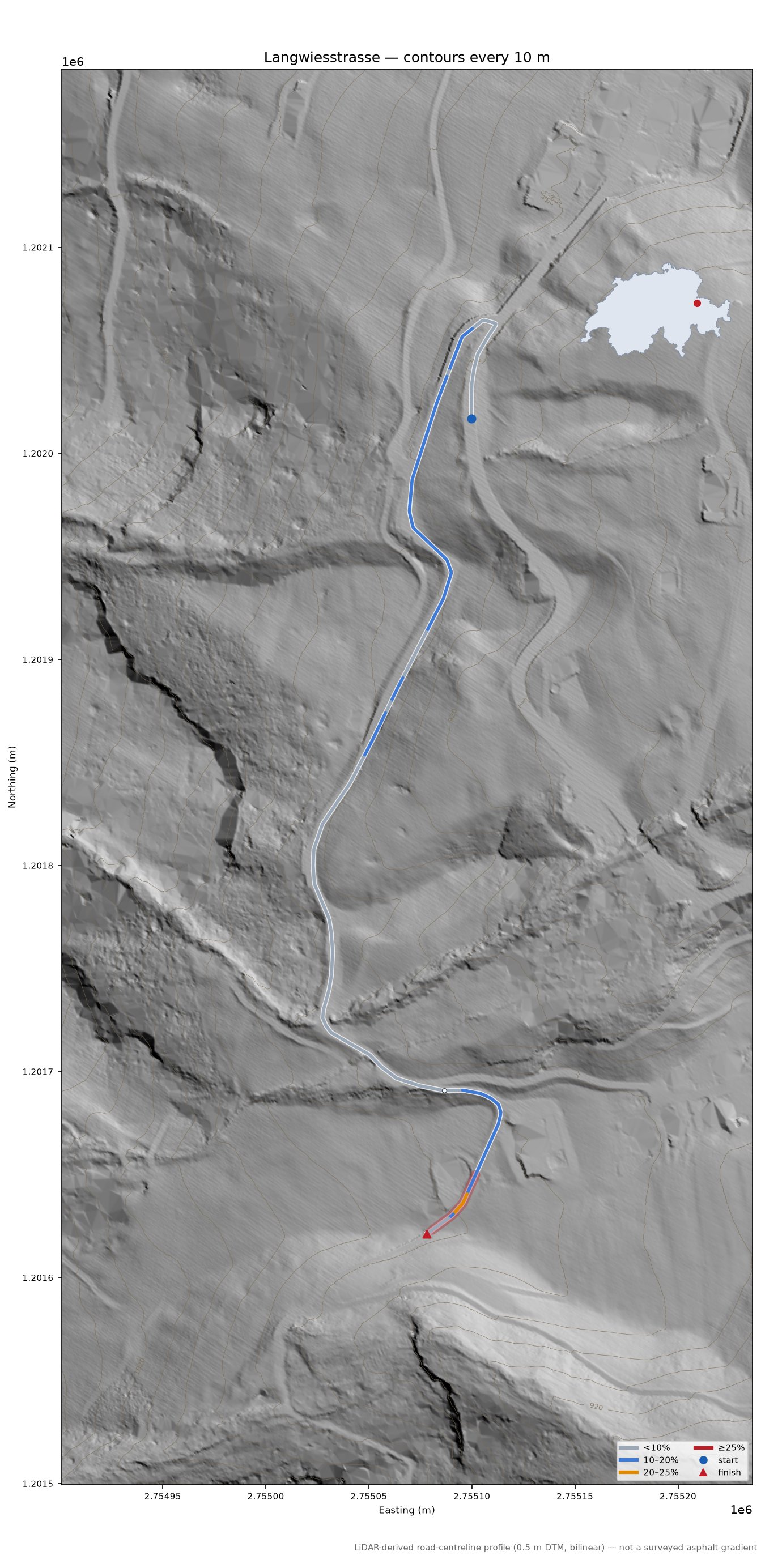 Langwiesstrasse LiDAR hillshade map with contours