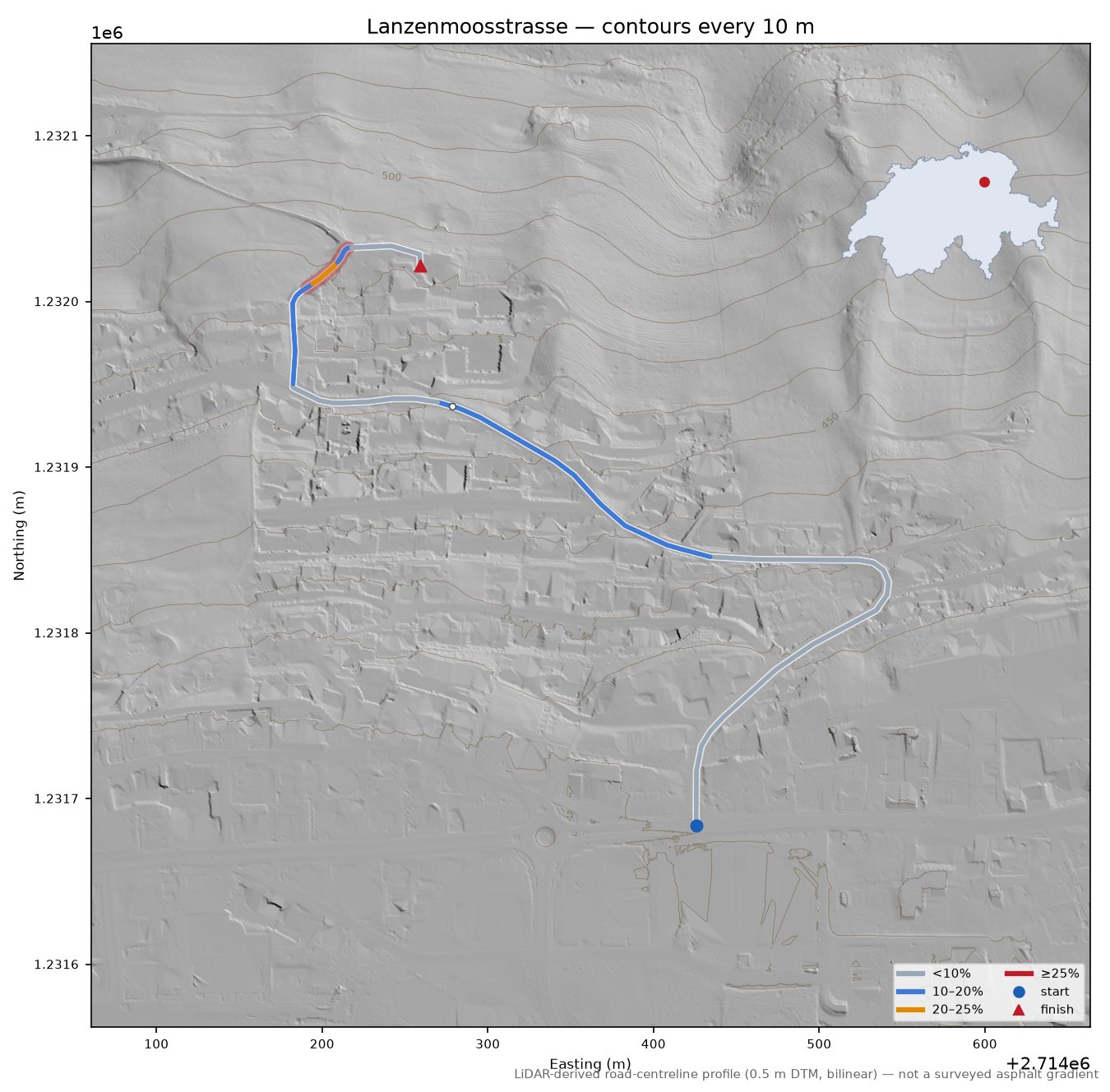 Lanzenmoosstrasse LiDAR hillshade map with contours