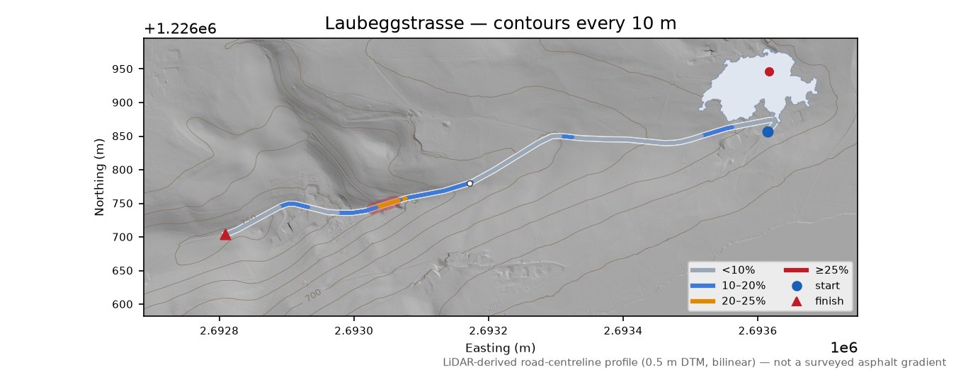 Laubeggstrasse LiDAR hillshade map with contours