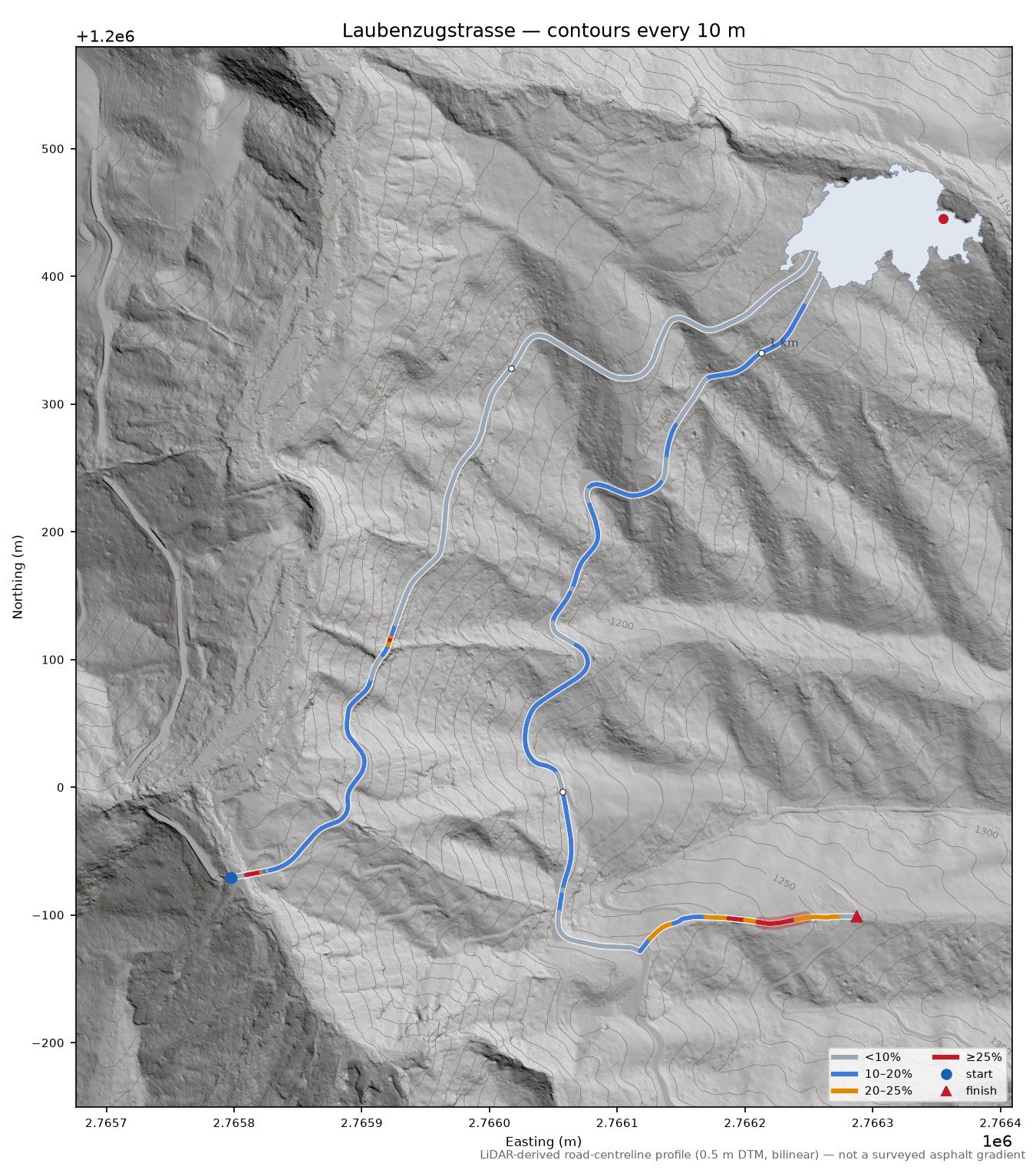 Laubenzugstrasse LiDAR hillshade map with contours