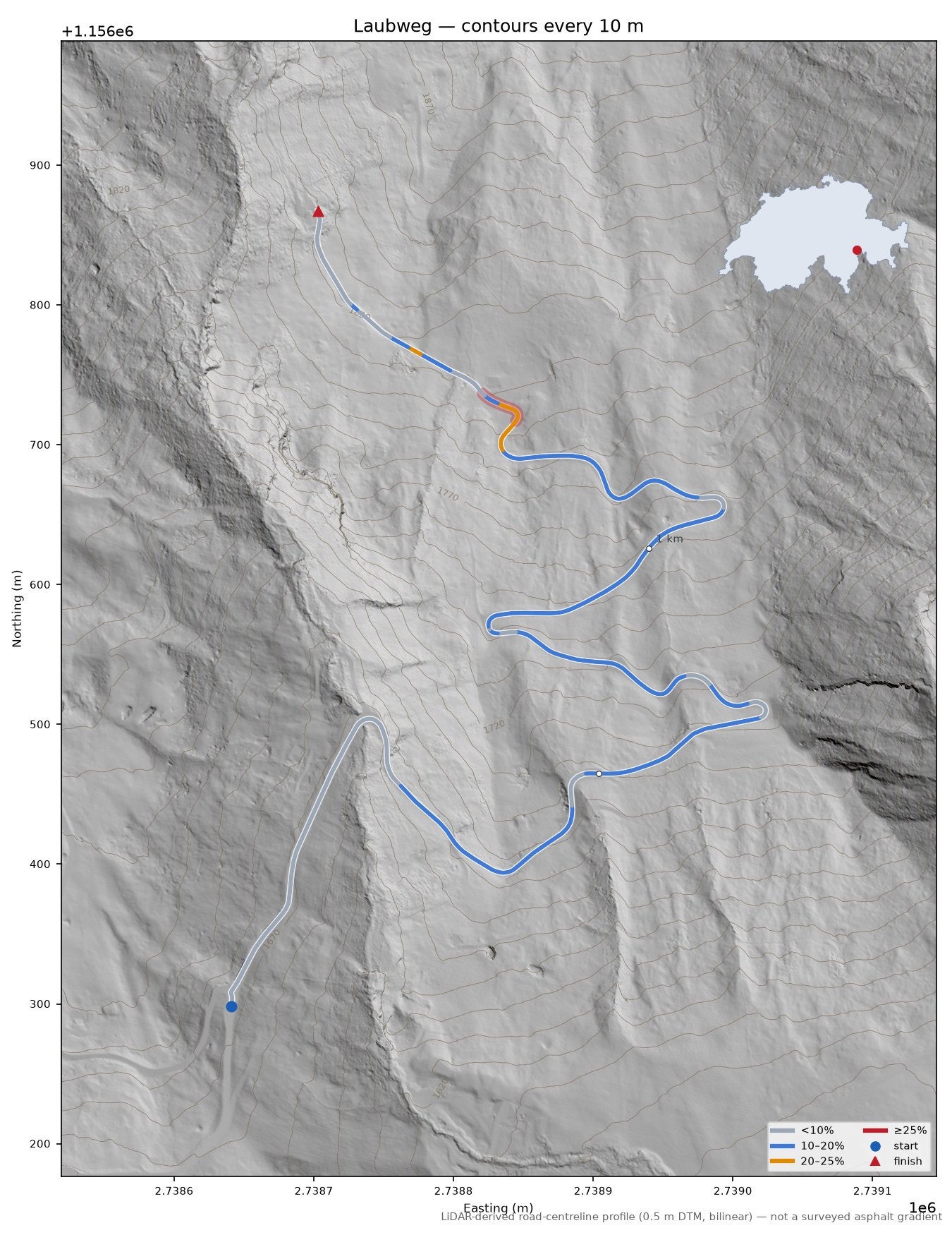 Laubweg LiDAR hillshade map with contours