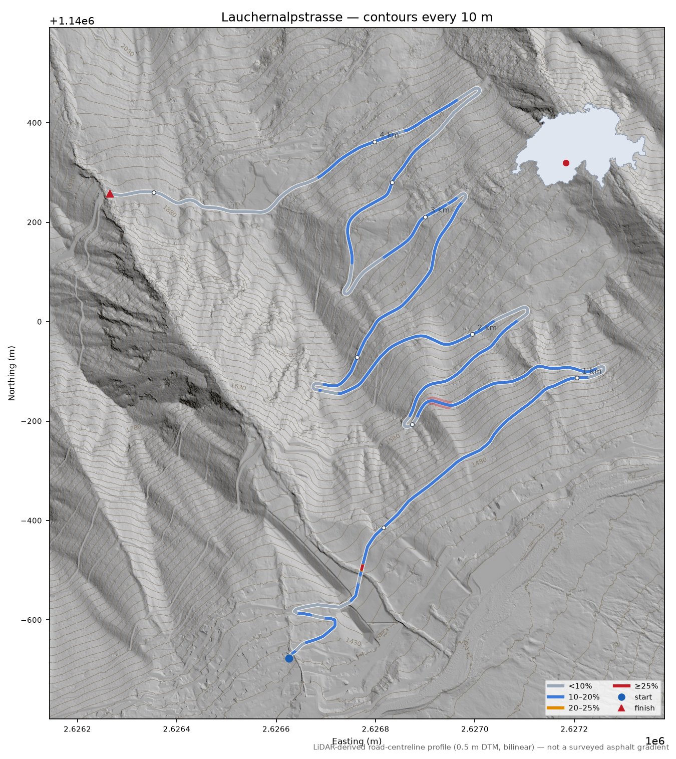 Lauchernalpstrasse LiDAR hillshade map with contours