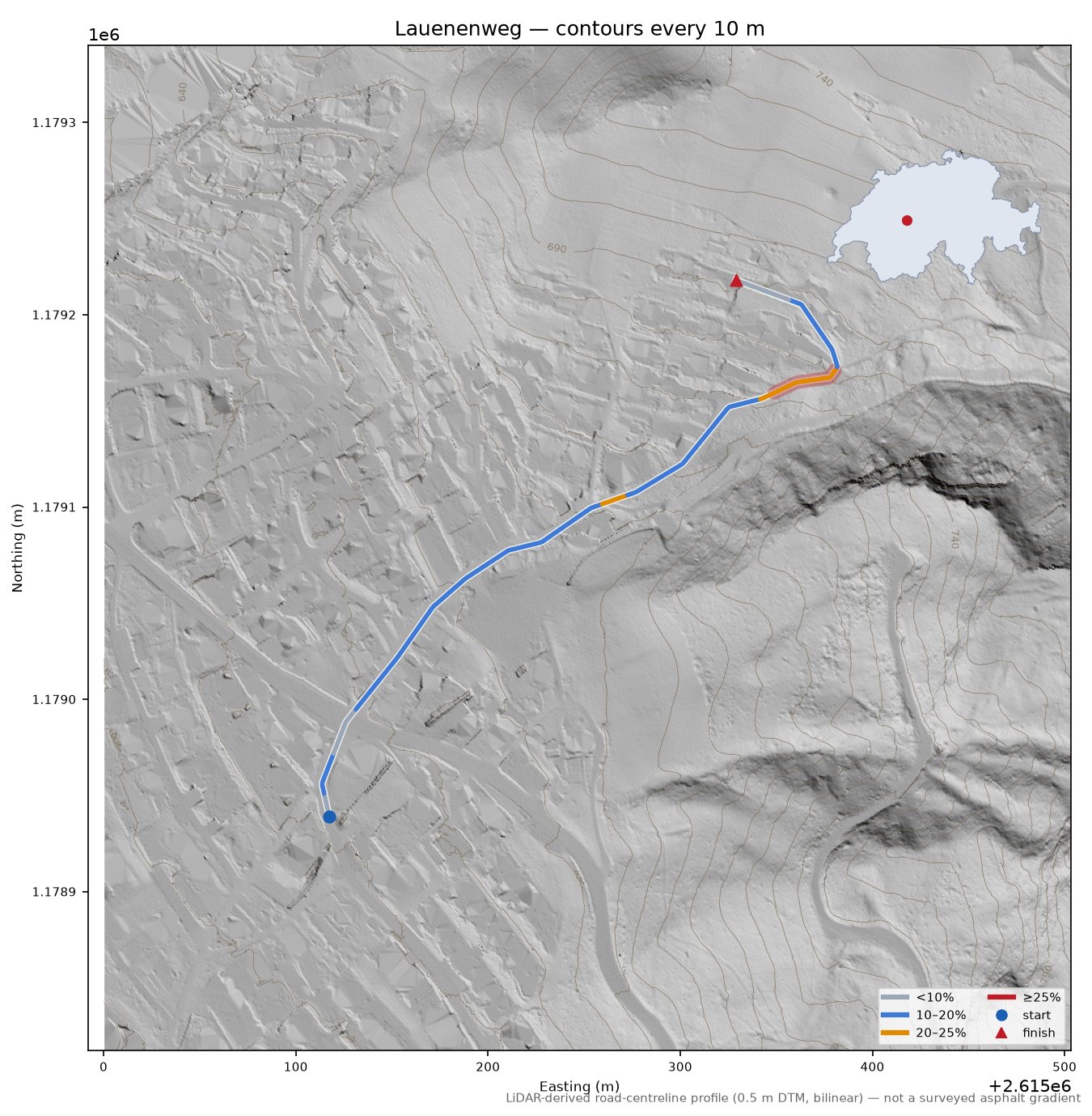 Lauenenweg LiDAR hillshade map with contours