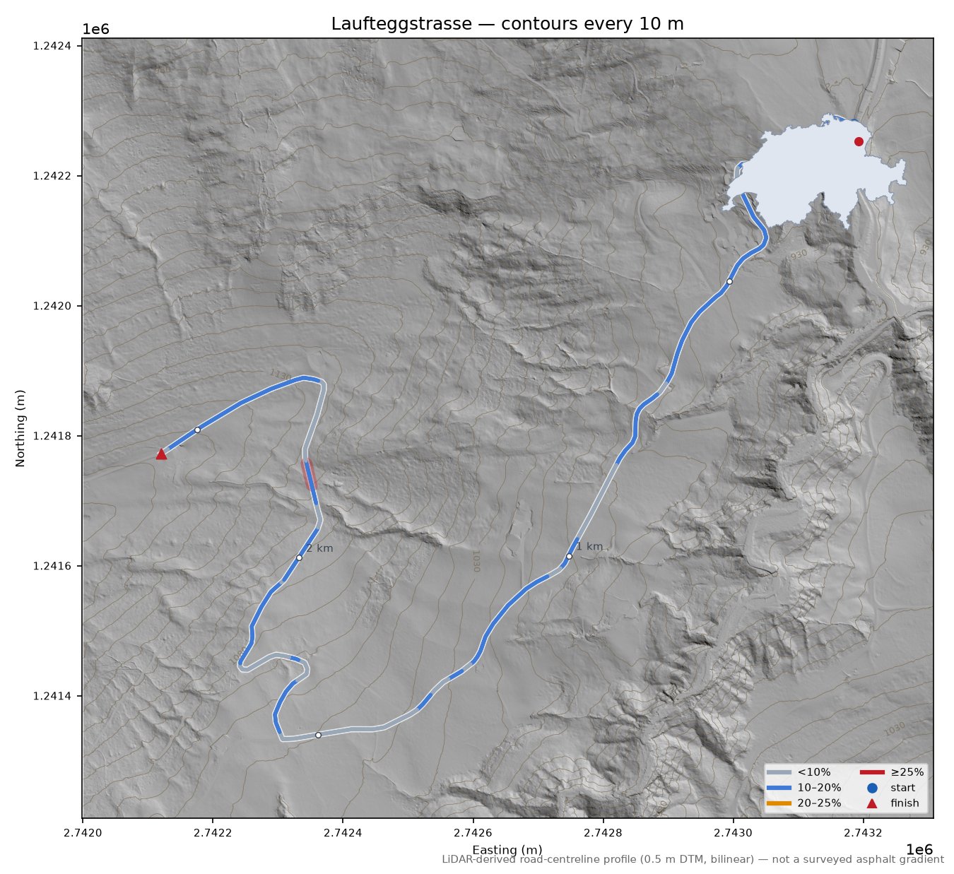 Laufteggstrasse LiDAR hillshade map with contours
