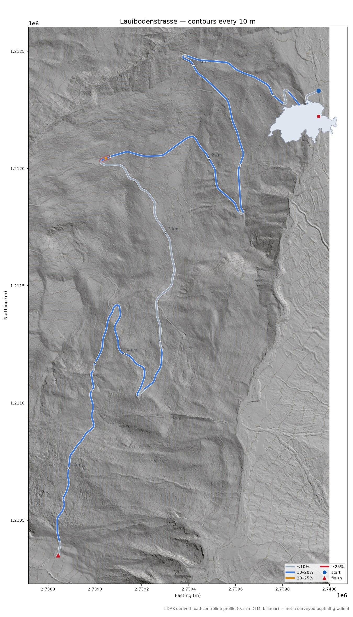 Lauibodenstrasse LiDAR hillshade map with contours