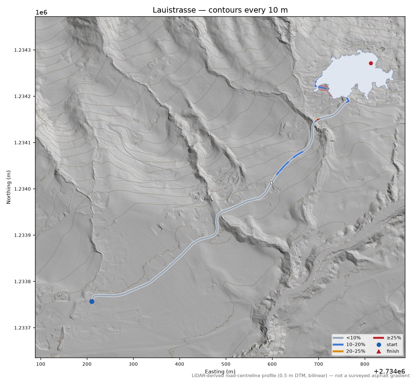 Lauistrasse LiDAR hillshade map with contours
