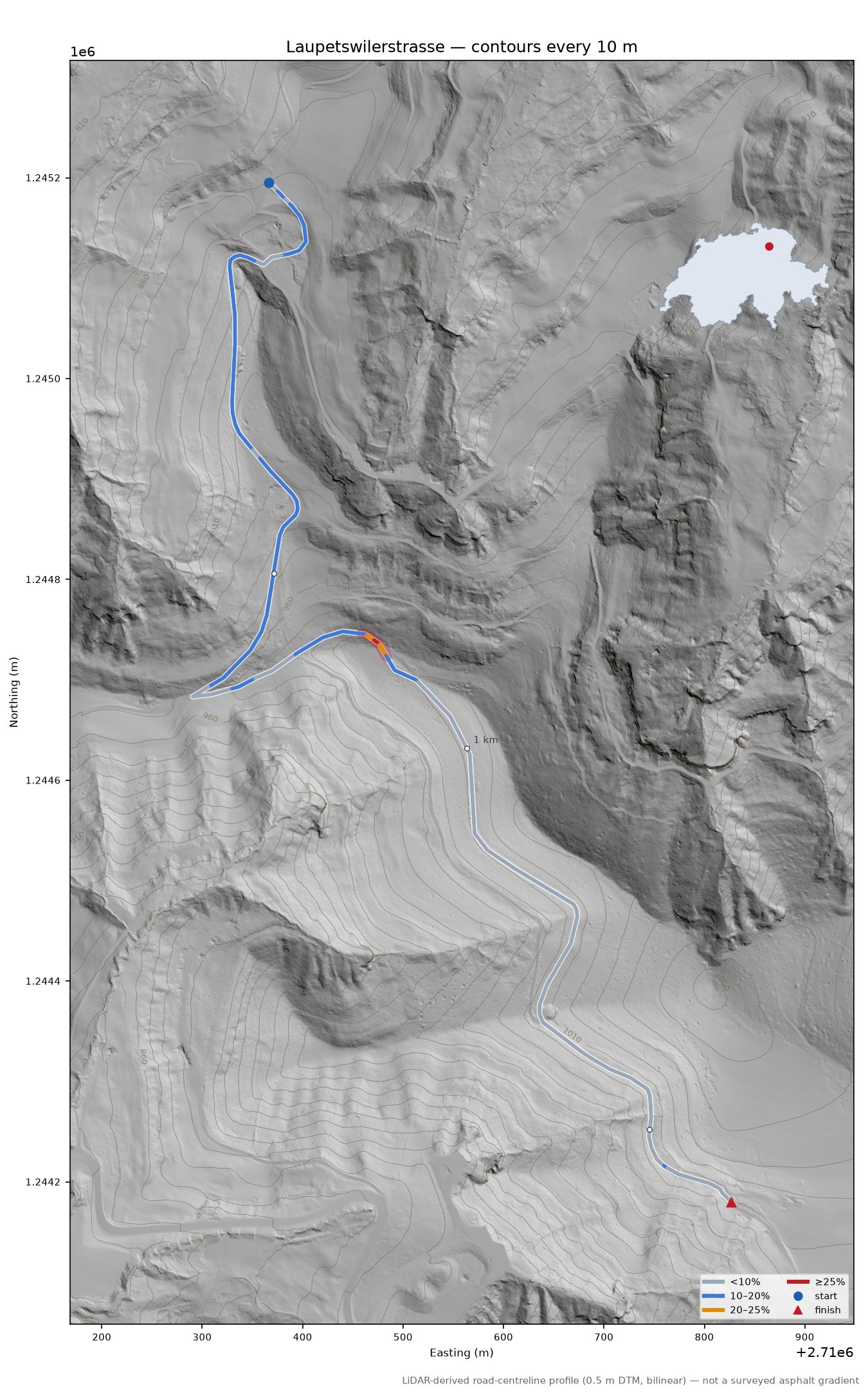 Laupetswilerstrasse LiDAR hillshade map with contours