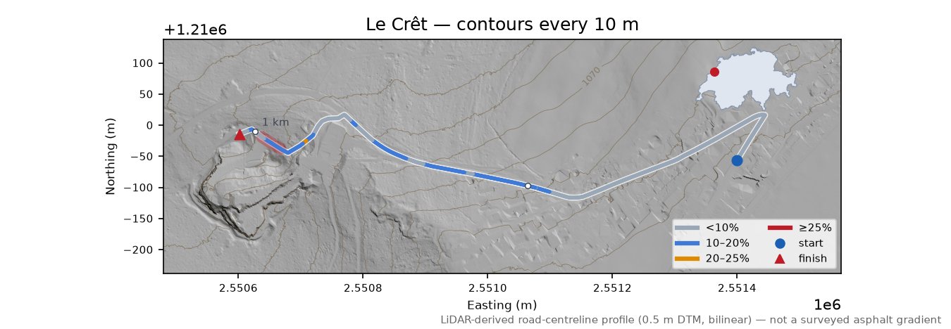 Le Crêt LiDAR hillshade map with contours