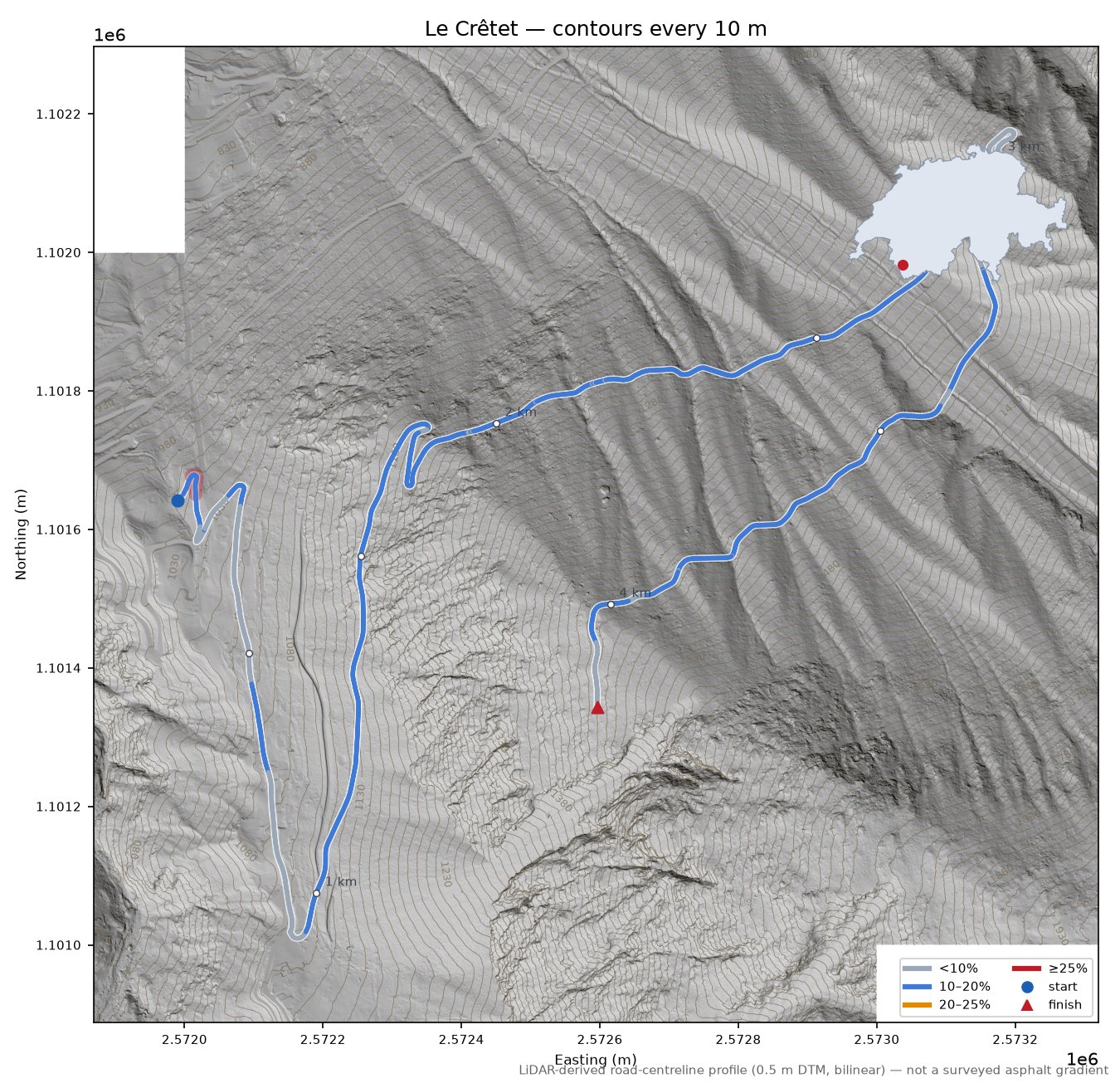 Le Crêtet LiDAR hillshade map with contours