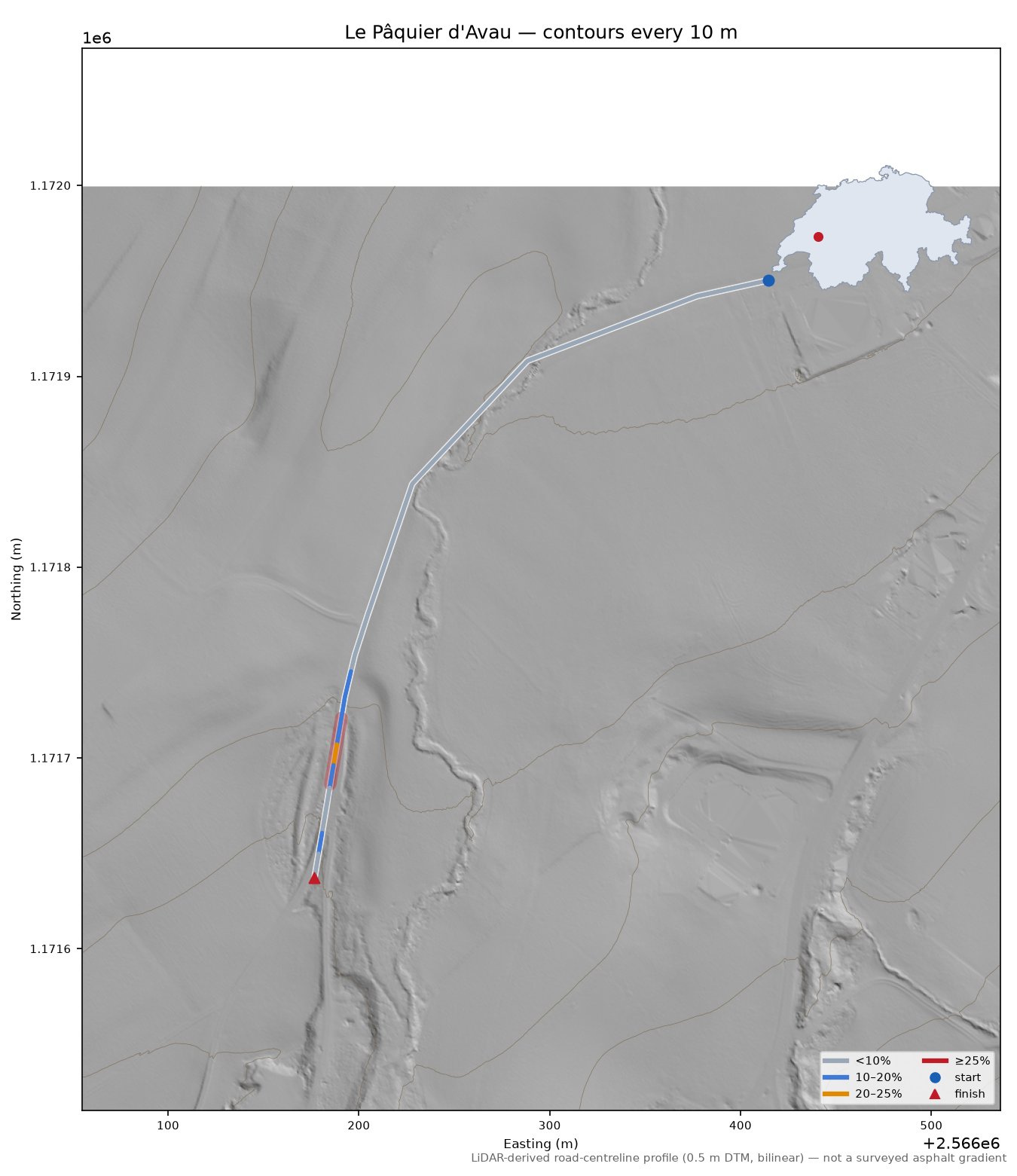 Le Pâquier d'Avau LiDAR hillshade map with contours