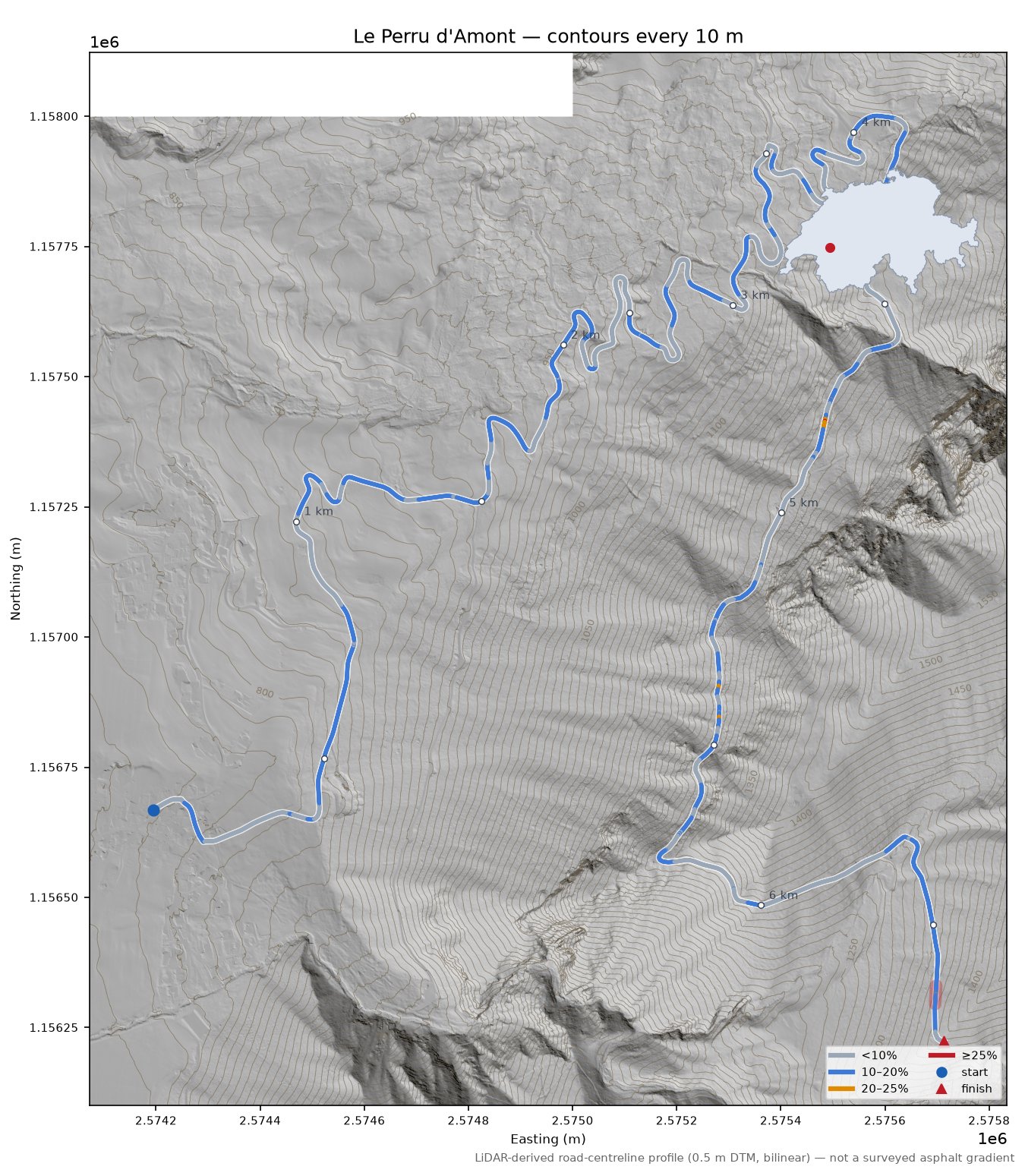 Le Perru d'Amont LiDAR hillshade map with contours