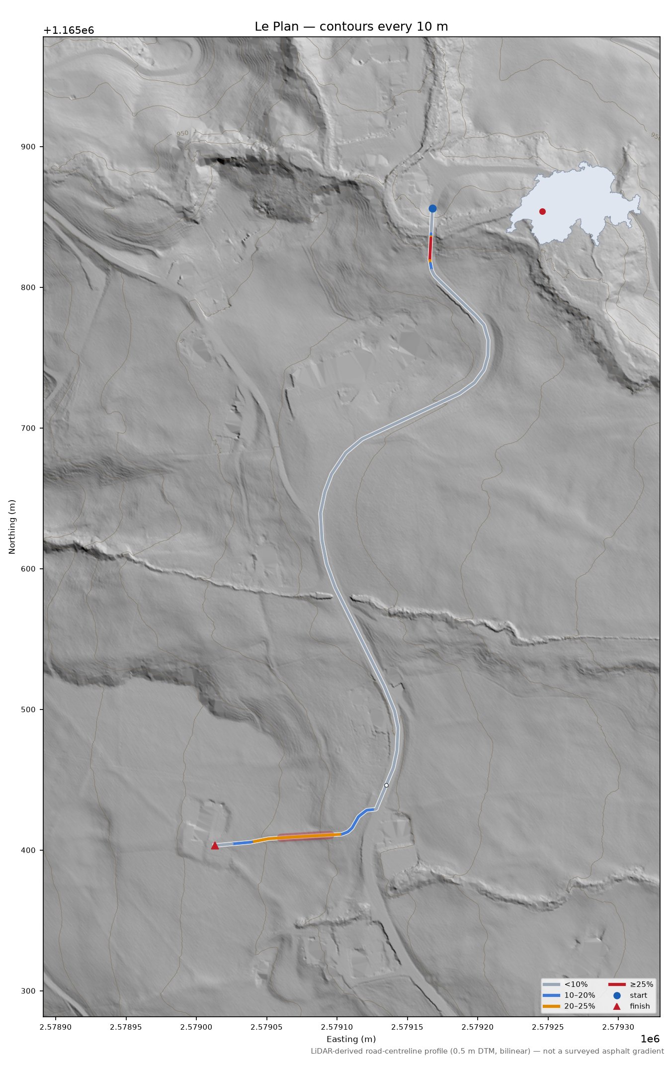 Le Plan LiDAR hillshade map with contours